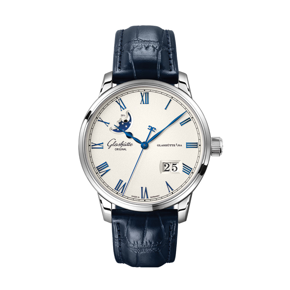 Senator Excellence Panorama Date Moon Phase 40mm Silver Leather Strap Watch | Luxury Dress Watch for Business & Formal Occasions