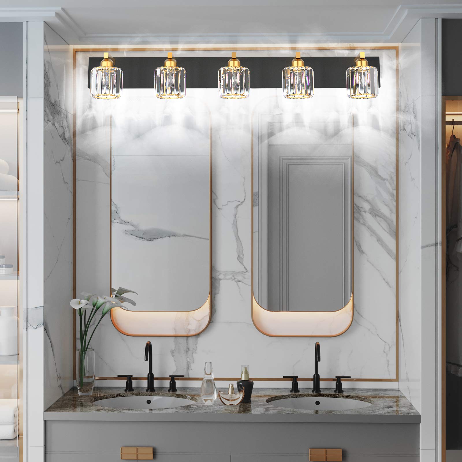 **Aipsun 5-Light Black Crystal Bathroom Vanity Light Fixture - Modern Vanity Lighting for Bathroom, Dressing Room & Makeup Area (Bulbs Not Included)**