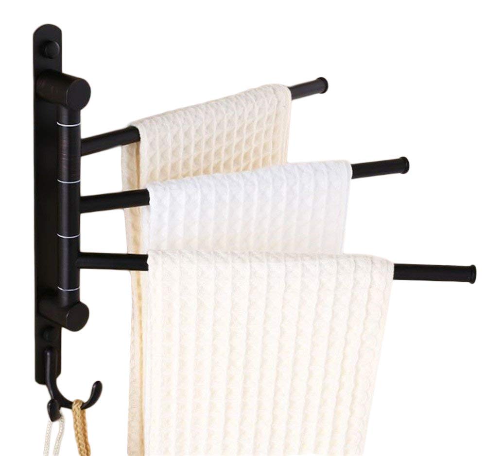 Oil Rubbed Bronze Swing Out Towel Rack - 3-Arm Wall Mounted Bathroom Towel Holder with Hooks | Space Saving Design for Small Bathrooms & Powder Rooms | Rust-Resistant Finish for Long-Lasting Use