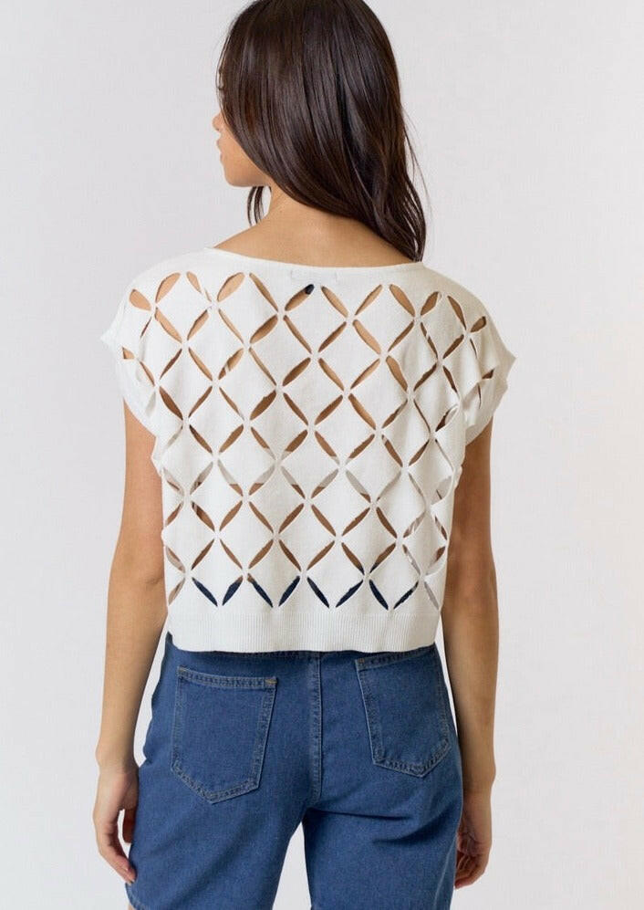 Off White Cut Out Detail Sweater Top for Women - Trendy Knit Pullover for Casual Outings, Date Nights & Fall Layering