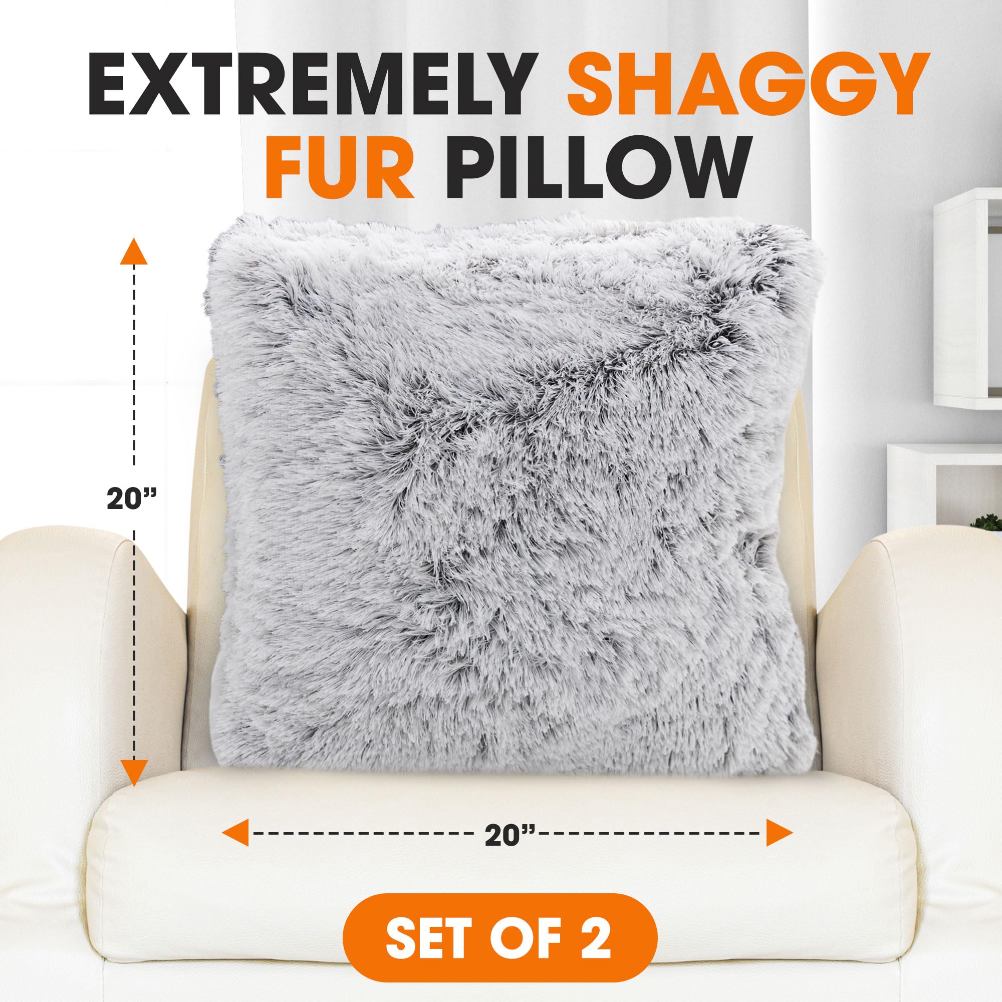 Soft Shaggy Throw Pillows for Couch & Bed - Set of 2 (18x18 Inches) with Inserts - Cozy Long Hair Faux Fur Pillows in Gray | Perfect for Living Room Decor, Bedroom Accents & Home Styling