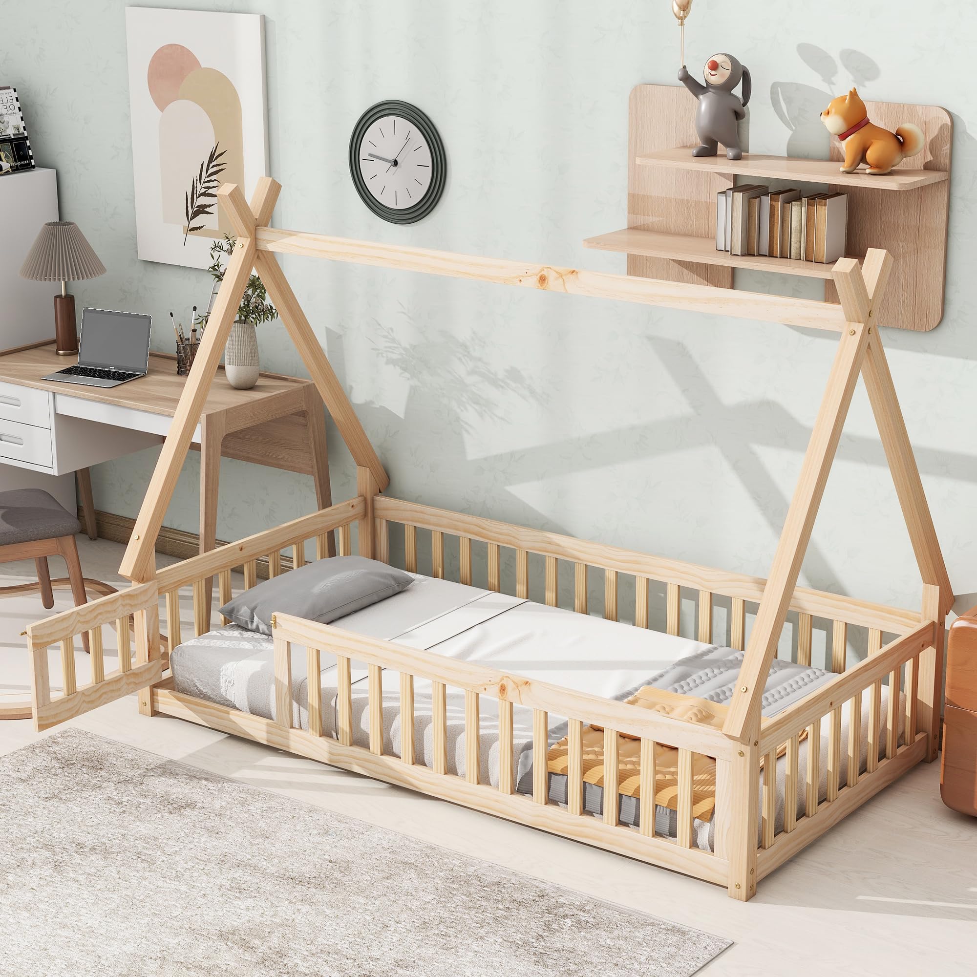 SOFTSEA Twin Size Tent-Shaped Floor Bed with Fence & Door - Solid Wood Bed Frame with Guardrails for Kids - House-Shaped Floor Bed with Triangle Structure - Natural Wood - Perfect for Kids' Bedroom, Playroom & Montessori Learning Spaces