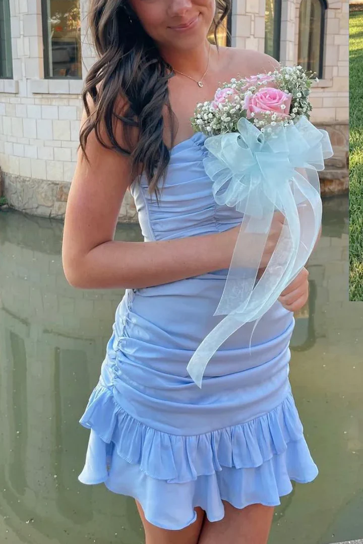 Elegant Blue Strapless Ruffled Mini Dress for Cocktail Parties & Homecoming - Perfect for Prom, Evening Events & Special Occasions