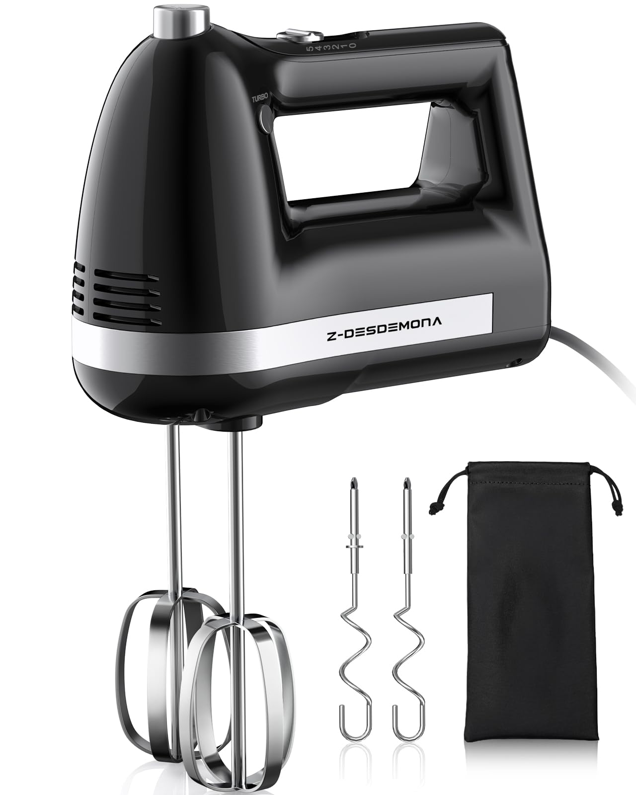 300W Powerful Electric Hand Mixer with 304 Stainless Steel Beaters & Dough Hook - Turbo Handheld Mixer for Baking Cakes, Whipping Eggs, Cream - Perfect for Home Kitchen & Professional Bakers (Black)
