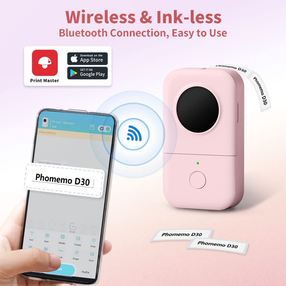 D30 Mini Bluetooth Label Maker Machine with 4 Tapes - Black on Gold Tape, Portable Smartphone Handheld Sticker Printer, Rechargeable Inkless Labeler (BPA-Free) for Home, Office & Organization