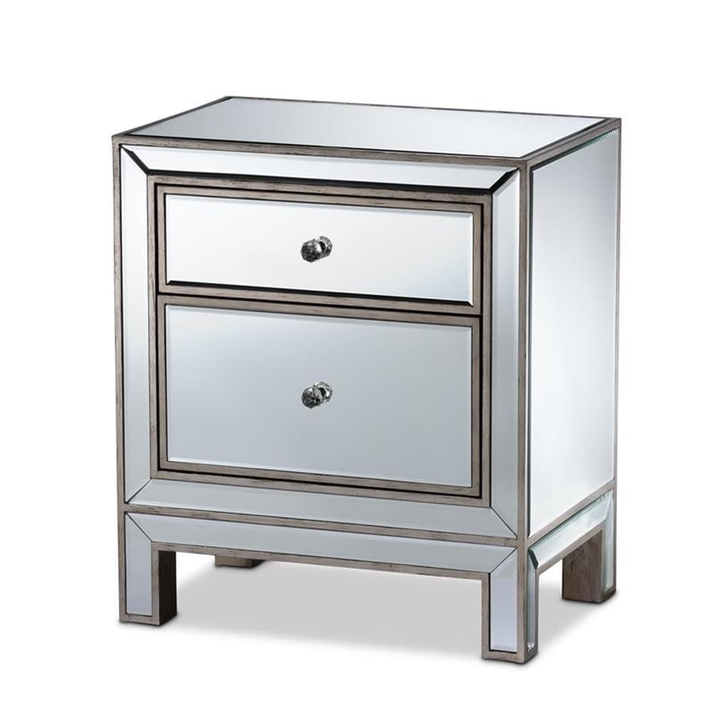 Baxton Studio Fadri Contemporary Glam Mirrored Nightstand with 2 Drawers - Luxury Bedroom Furniture for Modern Home Decor