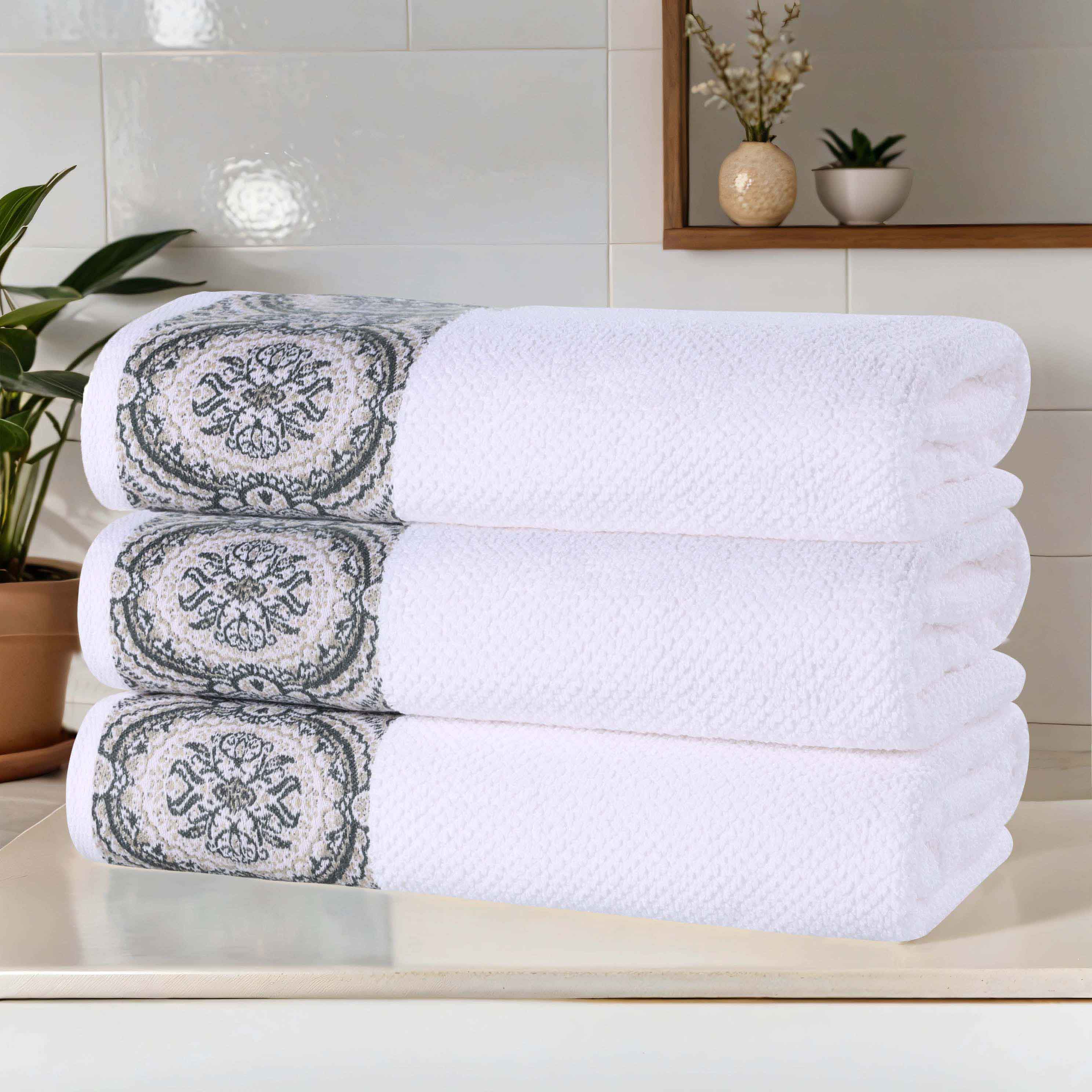 Premium Medallion Cotton Jacquard Bath Towels Set of 3 - Ultra Soft & Absorbent Luxury Towels for Spa, Bathroom & Beach Use