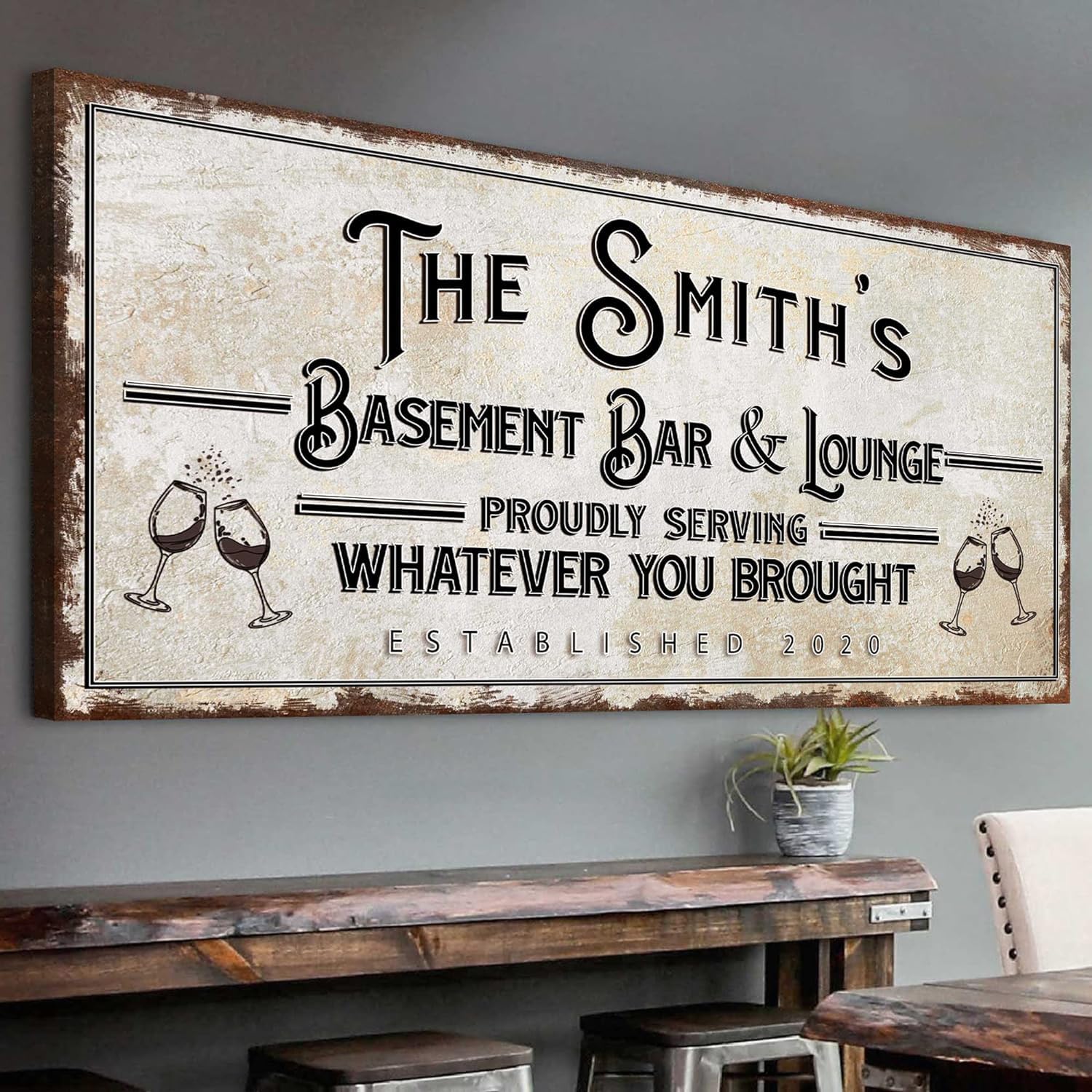 Custom Bar Sign Canvas Wall Art - Personalized Basement Bar & Lounge Decor - Rustic 48x16in Printable Sign for Man Cave, Kitchen, Pub & Diner - Perfect for Home Bars, Game Rooms & Entertaining Guests