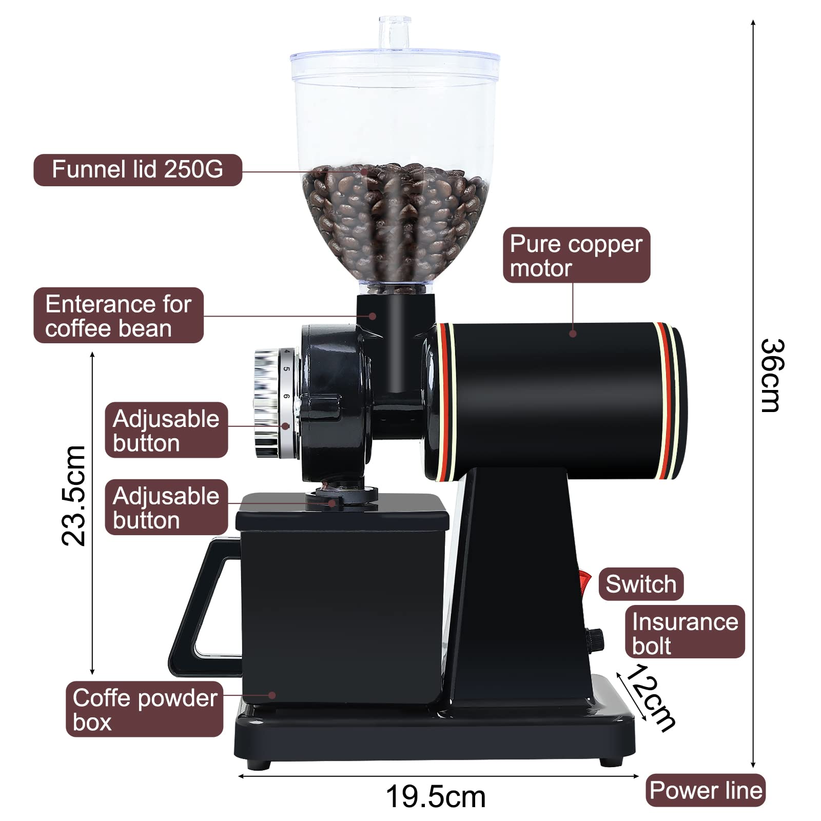 YaeMarine Electric Coffee Grinder - Adjustable Bean Grinder for Home & Cafe Use