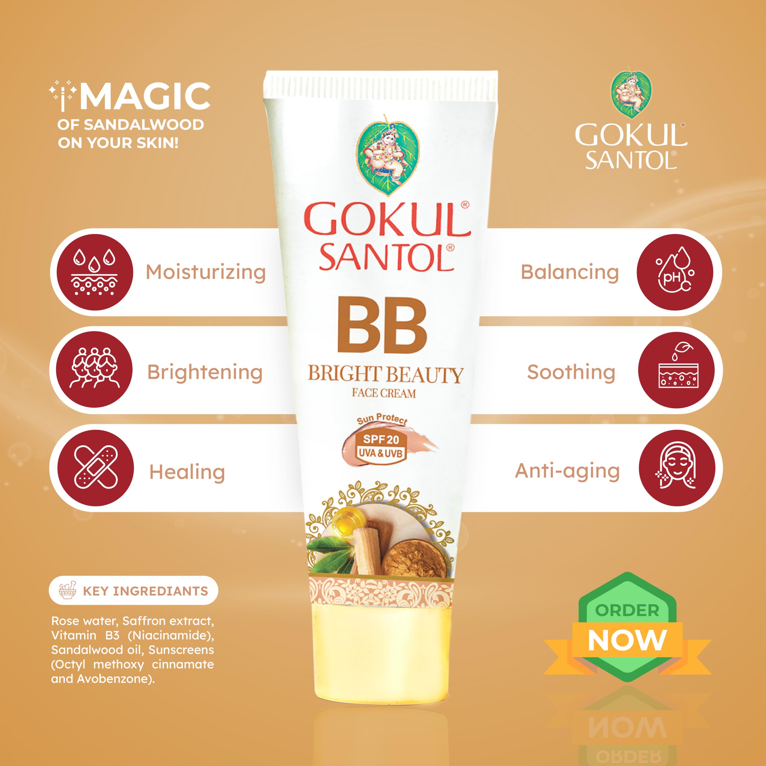 Gokul Santol Pure Sandalwood BB Cream - Natural Brightening Beauty Cream with SPF UV Protection | 25g (Pack of 3) | Moisturizing, Blemish-Free Coverage & Skin Tone Correction | Perfect for Daily Makeup, Sun Protection & Flawless Complexion