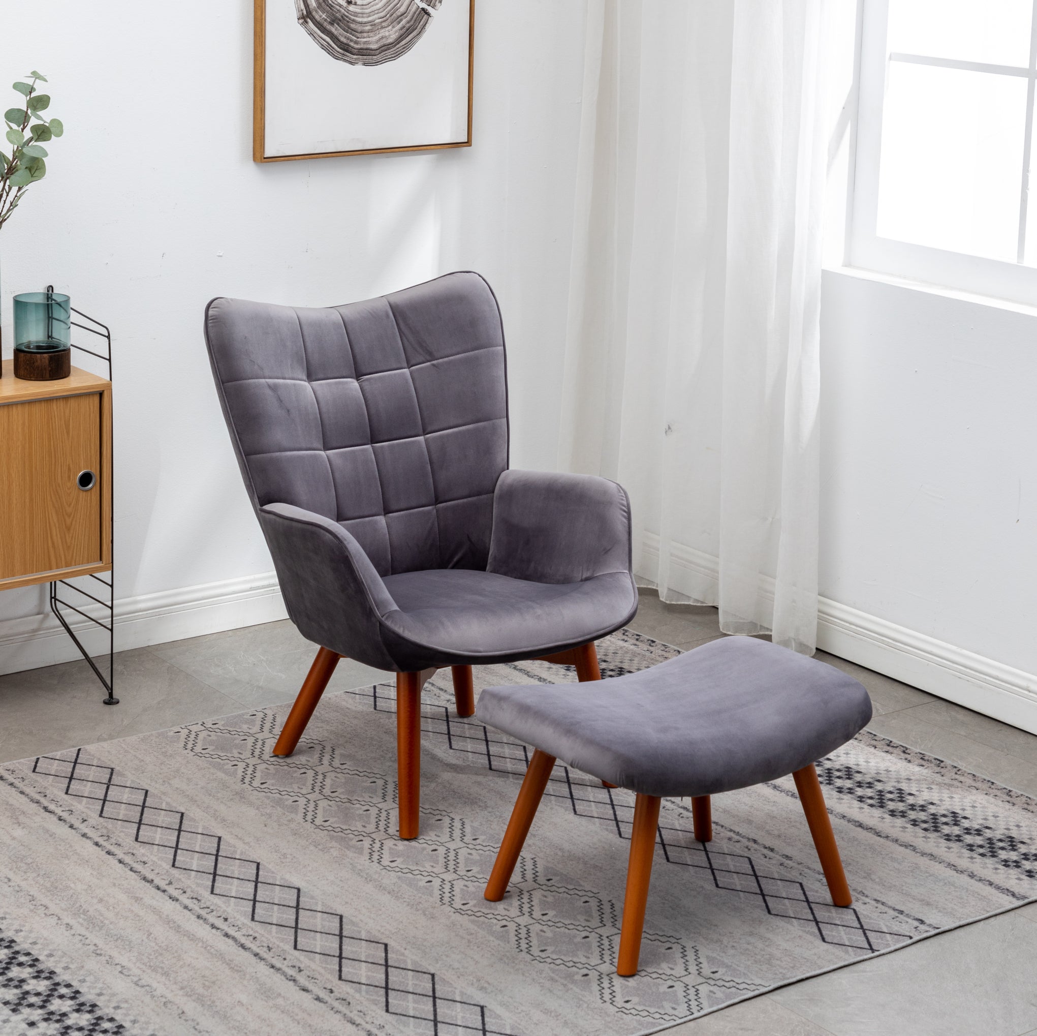 Roundhill Furniture Leiria Contemporary Silky Velvet Tufted Accent Chair with Ottoman in Gray - Modern Living Room Seating for Home Office & Lounge Decor