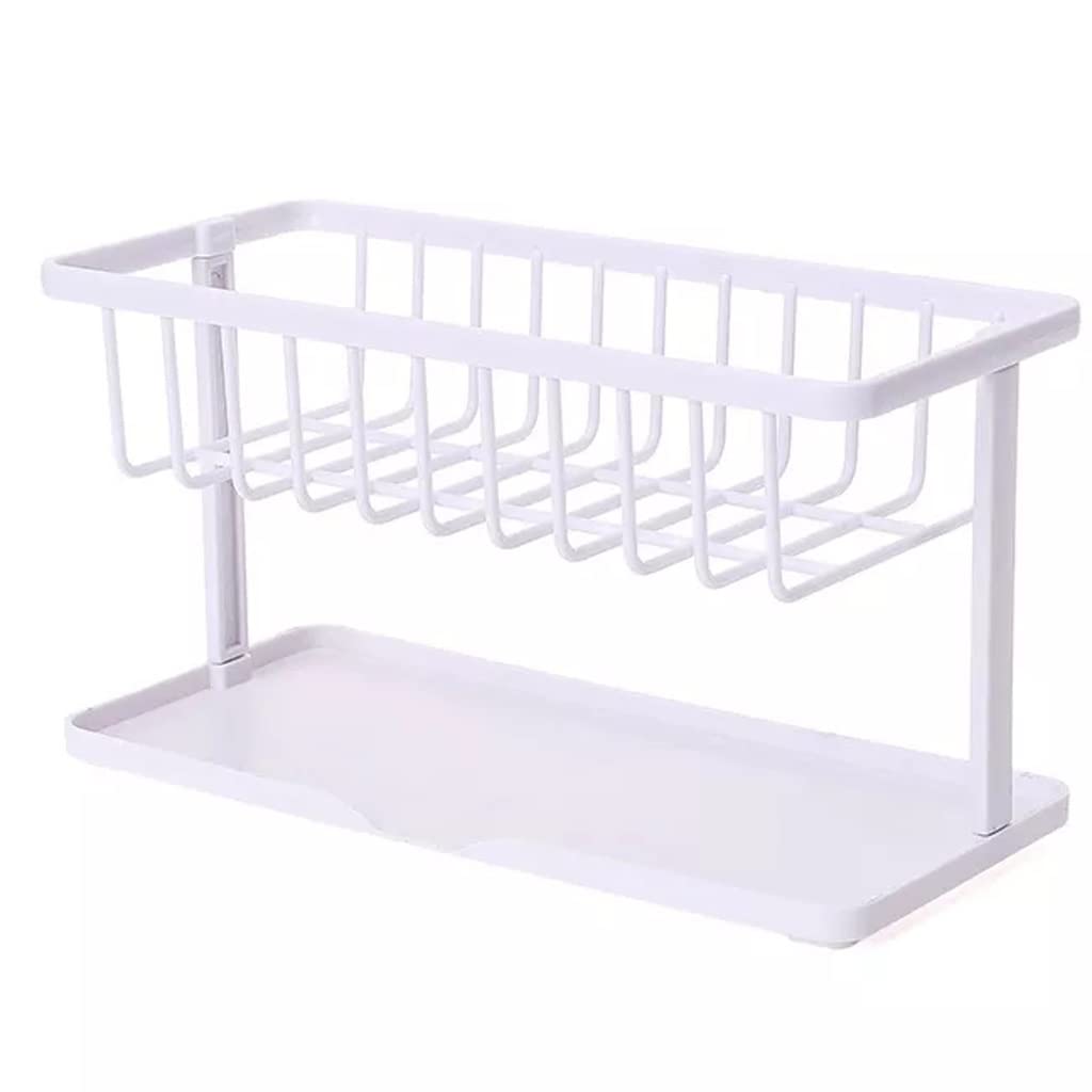 XJJZS Double Draining Rack with Sponge Holder - Stainless Steel Sink Organizer for Kitchen, Dish Drying Rack with Utensil Storage - Perfect for Small Spaces & Apartment Living (Color: Black, Size: One Size) - Ideal for Washing Dishes, Drying Utensils & Organizing Kitchen Sink Area