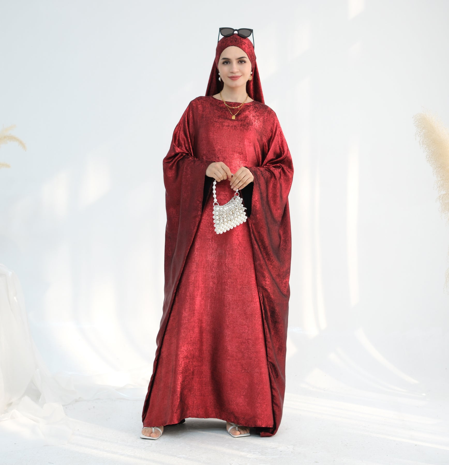 Linora Shimmer Butterfly Abaya - Elegant Ruby Embroidered Islamic Dress for Women | Perfect for Eid, Wedding & Special Occasions
