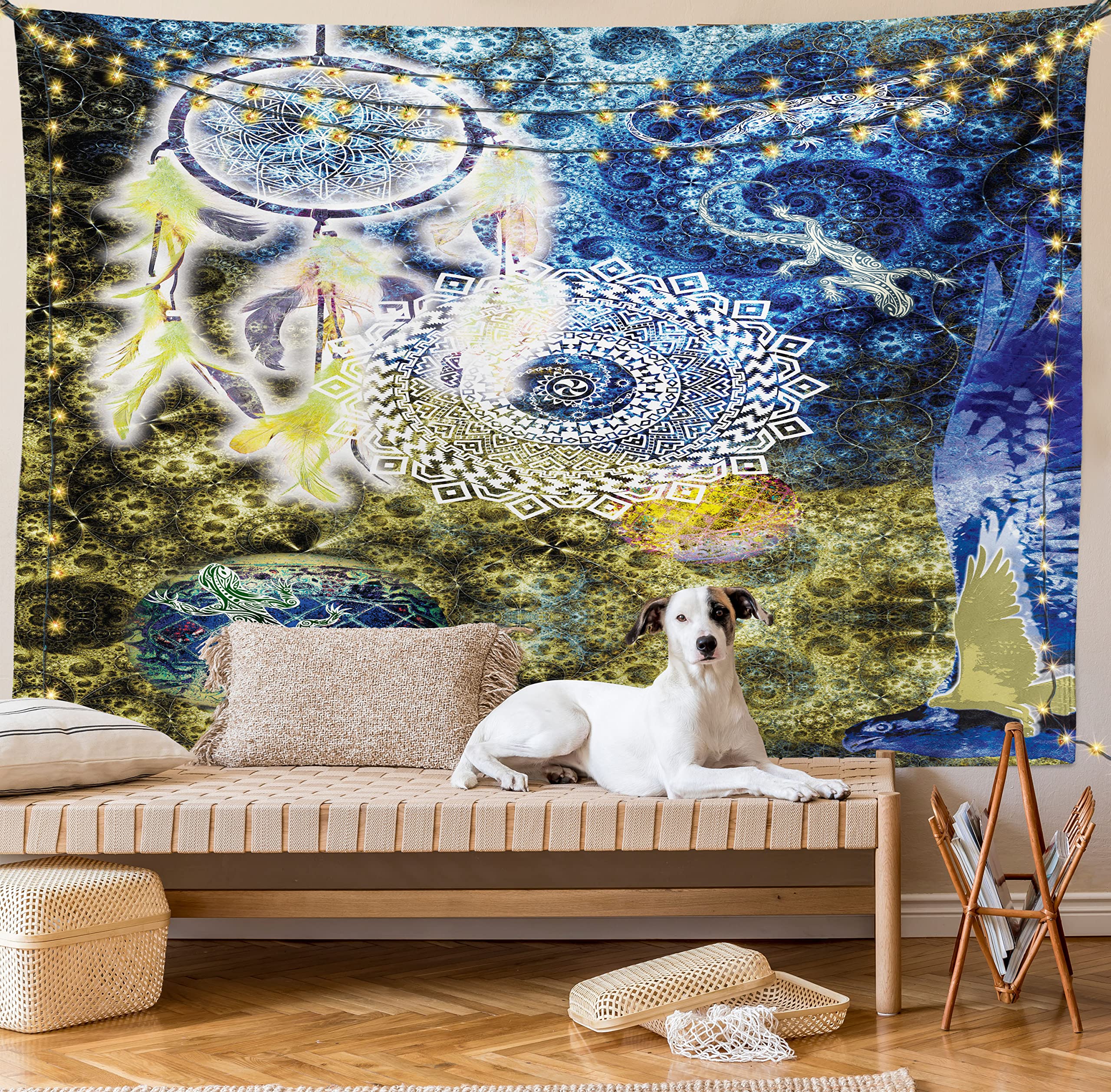 Ambesonne Bohemian Dreamcatcher Tapestry - Native American Style Wall Hanging with Feathers & Animal Illustrations (40x60 Inches) - Perfect for Bedroom, Living Room & Dorm Decor in Indigo Yellow