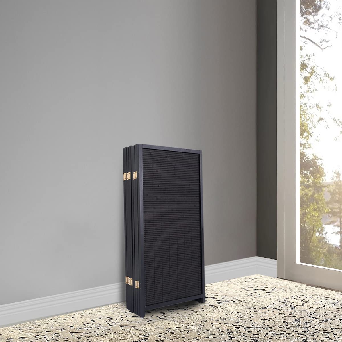 JVVMNJLK 4 Panel Bamboo Room Divider - Folding Privacy Screen & Wall Partition for Home Office, Bedroom Separation - Portable Freestanding Room Divider with Woven Mesh Design (Black) - Perfect for Creating Privacy in Living Rooms, Studios, and Workspaces
