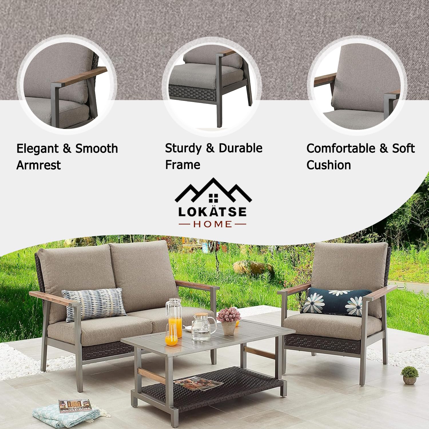 LOKATSE HOME 3-Piece Patio Outdoor Furniture Set - All-Weather Wicker Loveseat & Sofa Chair with Removable Cushions & Coffee Table - Brown - Perfect for Garden, Backyard, Poolside & Balcony Relaxation