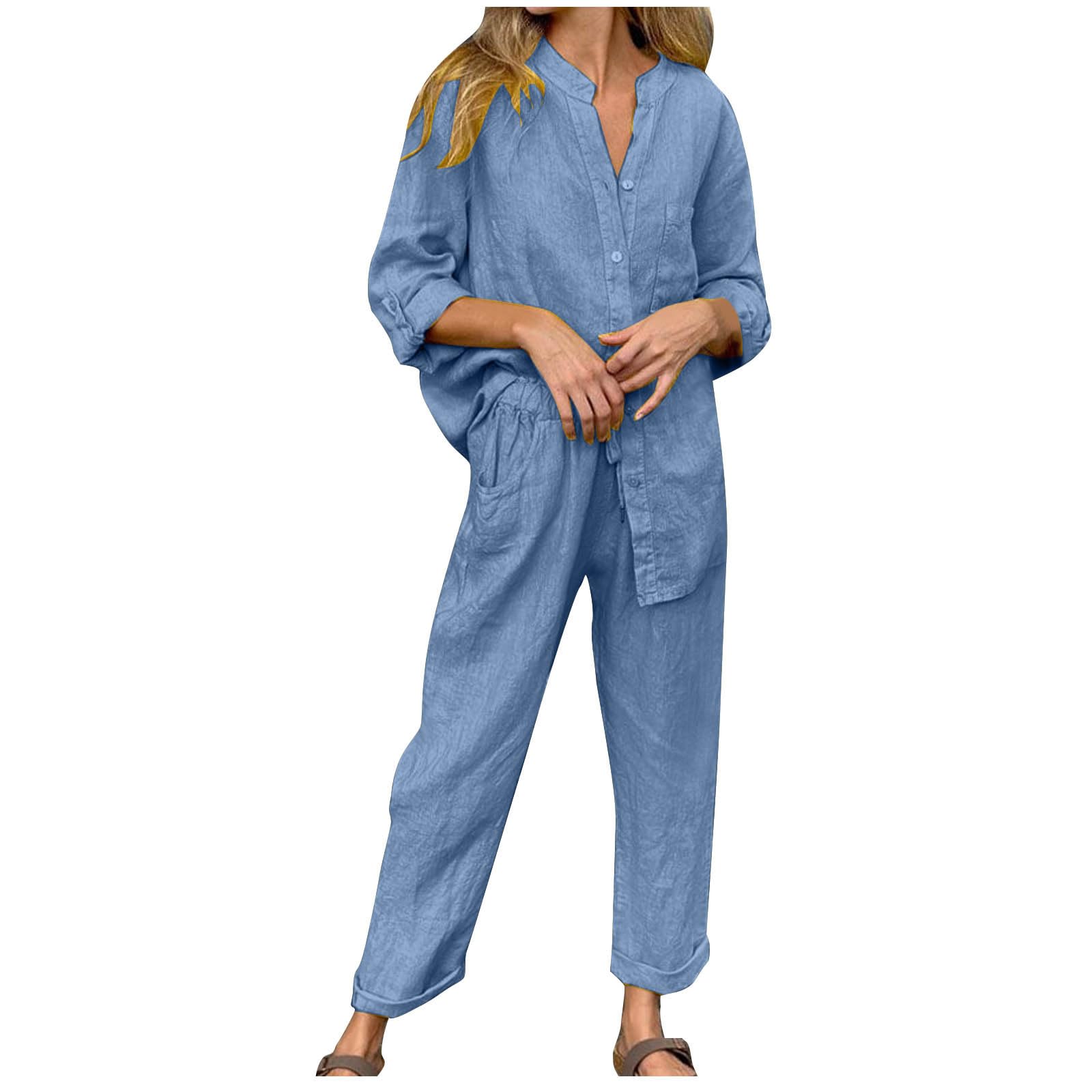 Premium Women's Linen Lounge Set - Soft Long Sleeve Top & Comfortable Pants 2-Piece Outfit | Breathable Summer Loungewear for Home, Travel & Relaxation
