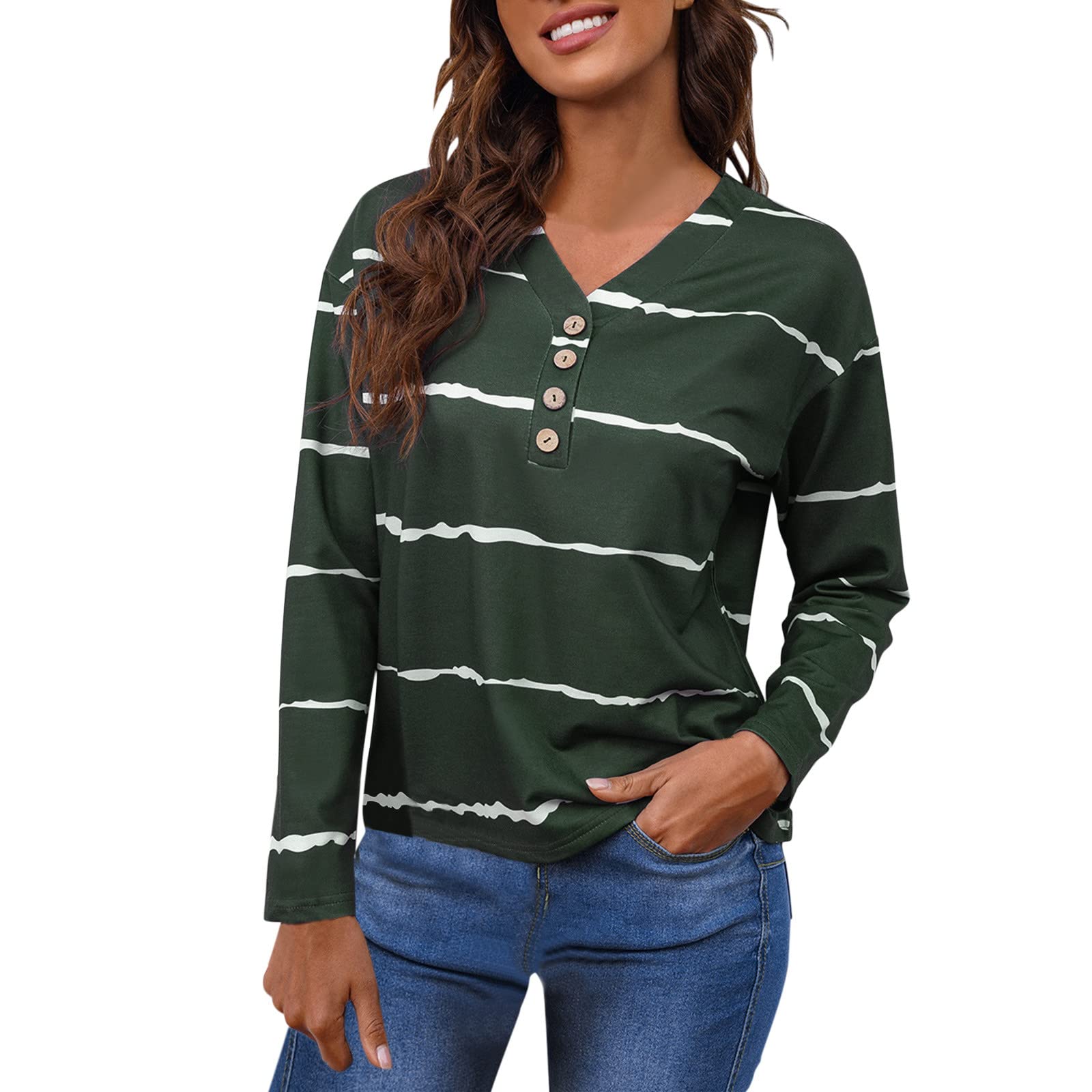 Women's Casual Striped Graphic Print V-Neck Long Sleeve T-Shirt Blouse - Trendy Junior Fashion Top for Everyday Wear, Work & Outfits