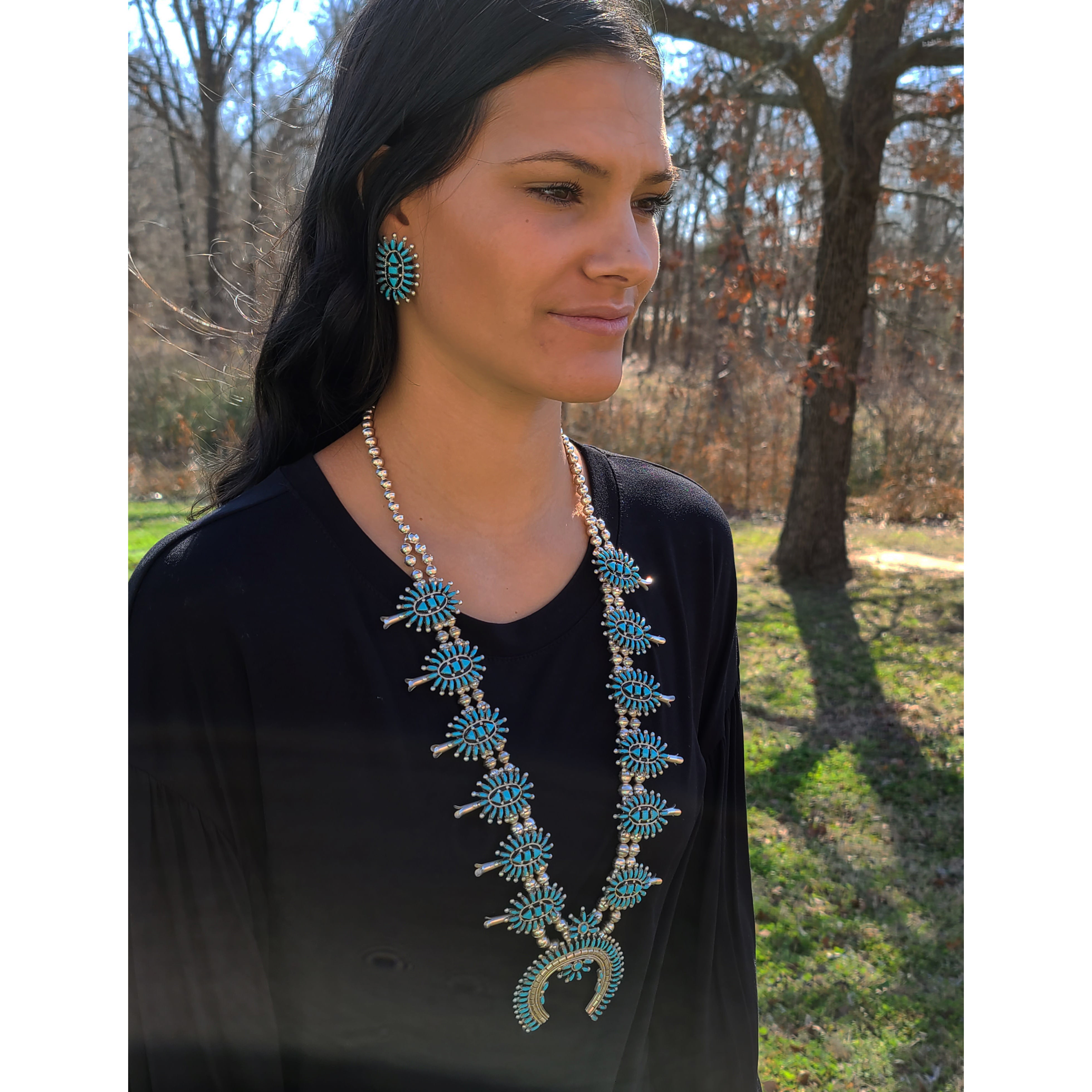 Authentic Zuni Needlepoint Squash Blossom Jewelry – Handmade Native American Turquoise Necklace for Women | Perfect for Festivals, Weddings & Boho Fashion