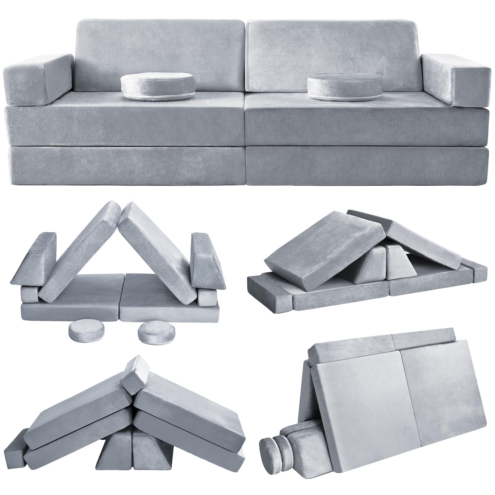 Modular Kids Play Couch Set - 10 Piece Convertible Toddler Sofa with Soft Foam for Playroom & Bedroom - Grey MSH-032 - Perfect for Indoor Play, Reading Nook & Sleepovers