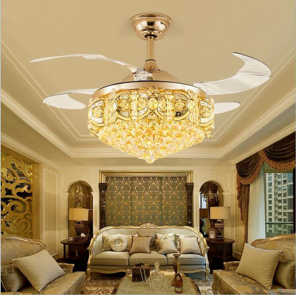 Modern Crystal Ceiling Fan with Lights & Remote - Invisible Retractable Chandelier Fan with 3 LED Light Settings, Rose Gold - Perfect for Dining Room, Bedroom, Living Room & Home Decor