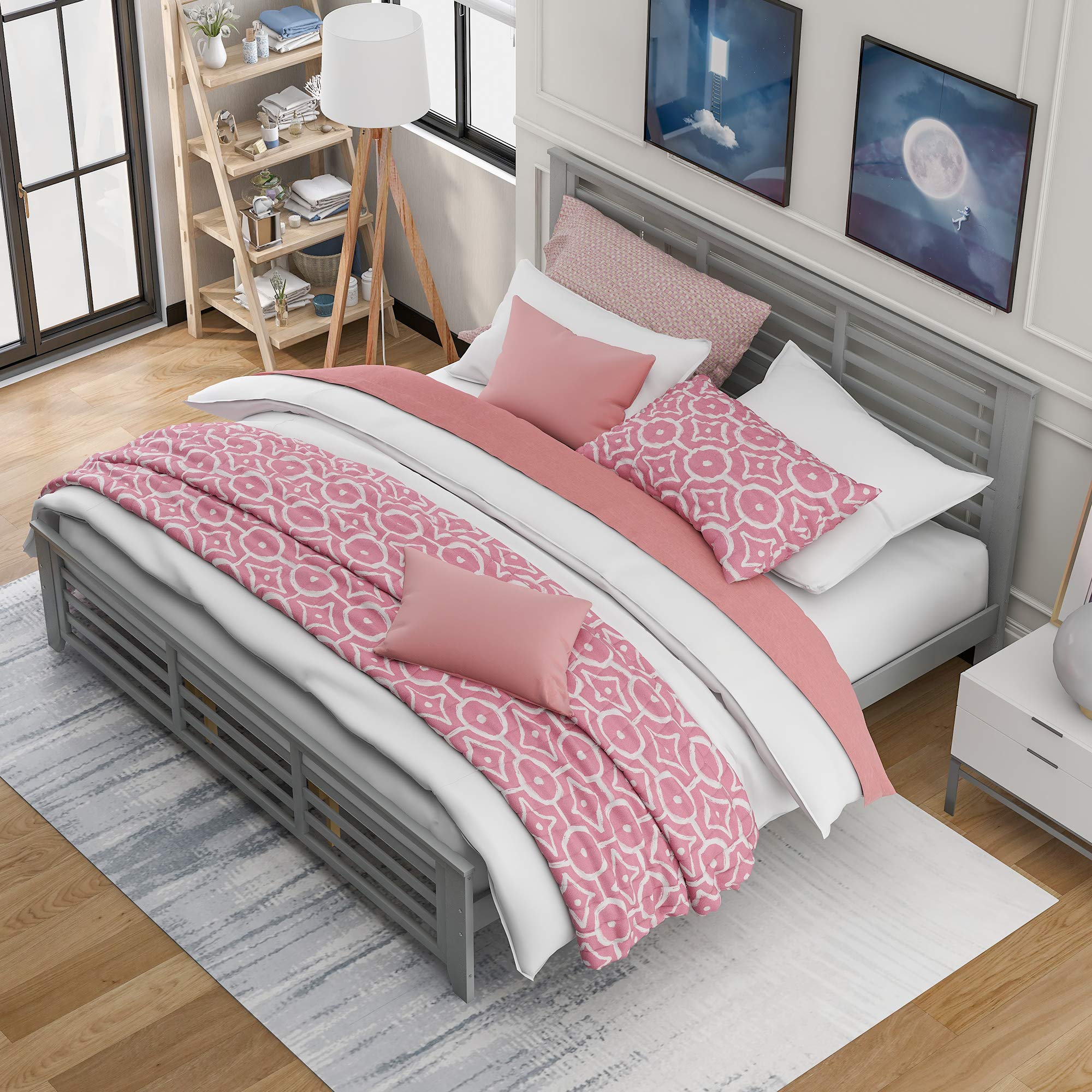 Merax King Size Wood Platform Bed Frame with Headboard & Footboard - No Box Spring Needed, Sturdy Slat Support, Gray - Perfect for Master Bedroom & Guest Room