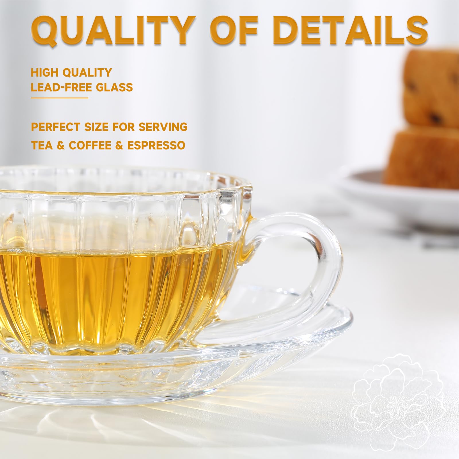 Premium 6-Piece Glass Tea Cup and Saucer Set with Stainless Steel Spoon - 6oz/180ml Clear Coffee Mugs for Espresso, Cappuccino, Latte, Tea & Juice - Dishwasher & Microwave Safe - Perfect for Home, Office, Cafe or Gift Giving