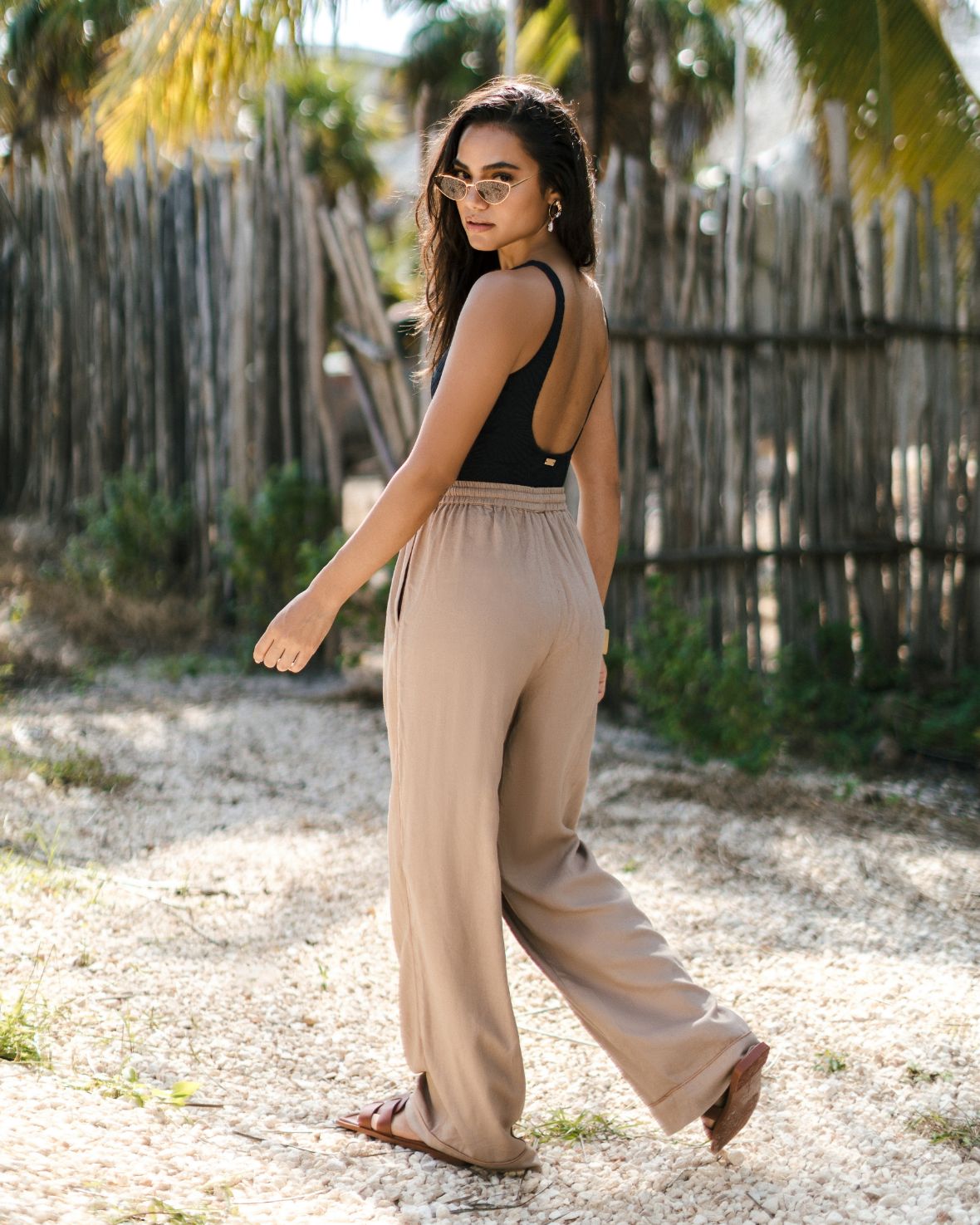 Linen Blend Wide Leg Pants for Women - Comfortable High Waisted Beige Trousers for Casual, Office & Summer Outfits