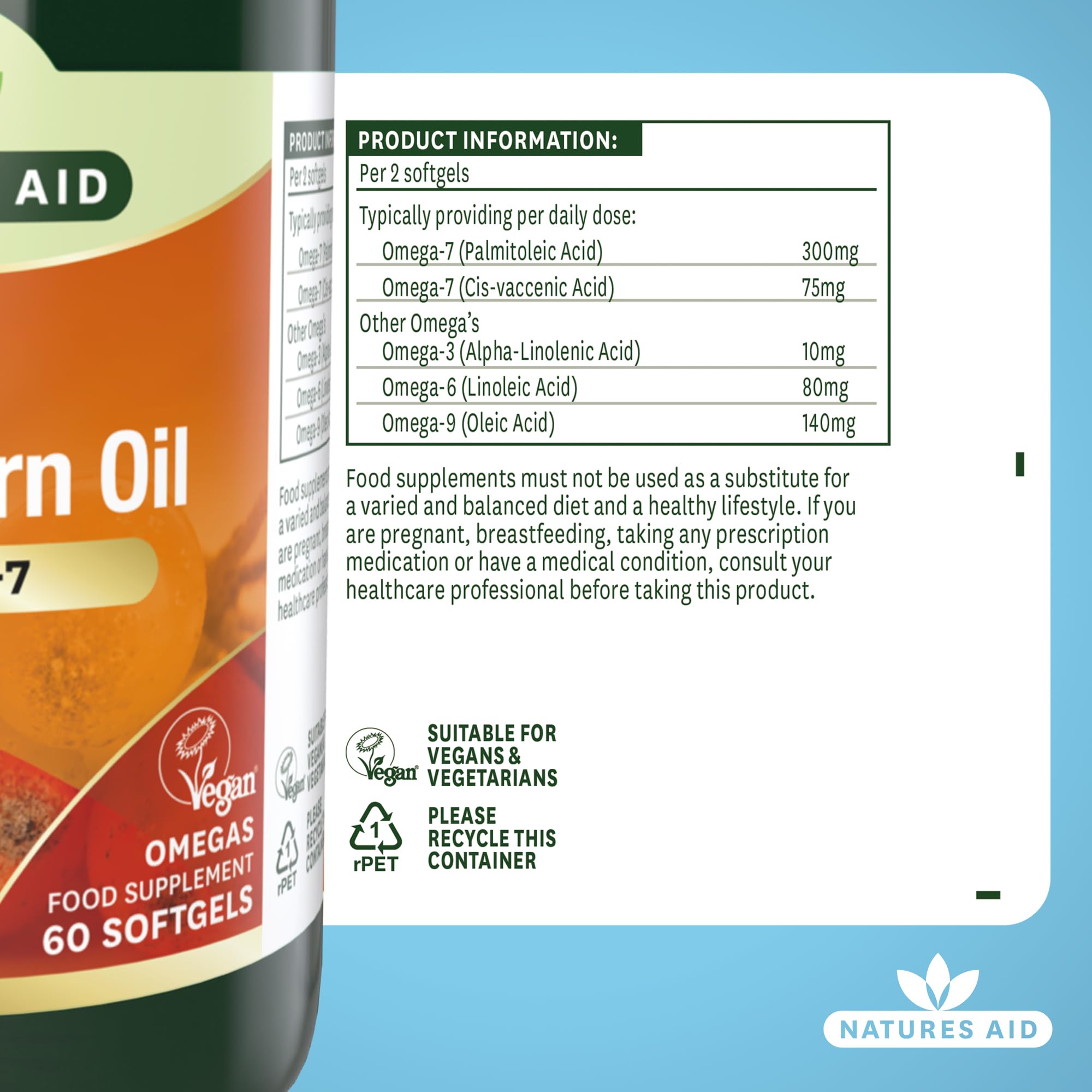 Nature's Aid 100% Pure Omega-7 Sea Buckthorn Oil 500mg - 60 Vegetarian Softgels for Heart Health & Skin Care | Supports Digestion & Immune System | Vegan Supplement for Daily Wellness