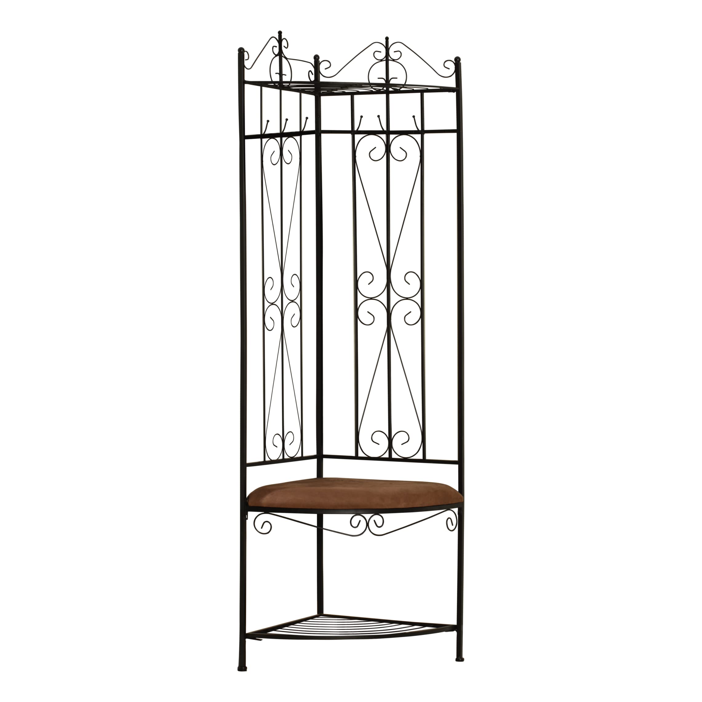 KB Designs 6-Hook Corner Hall Tree with Bench & Shoe Storage - Black/Brown Coat Rack Entryway Organizer for Home, Mudroom & Apartment Entry