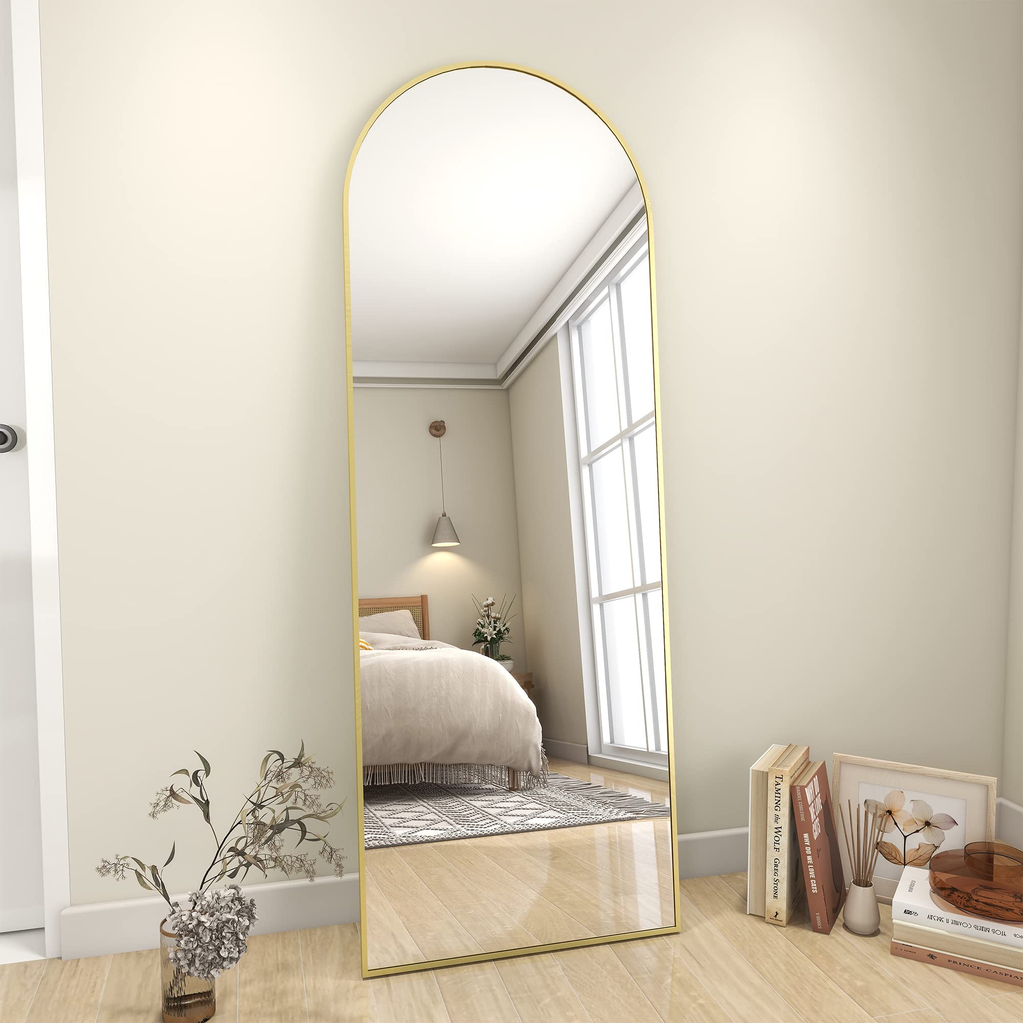 Koonmi 64x21 Inch Arched Gold Full Length Mirror - Aluminum Alloy Frame Standing, Hanging or Leaning Full Body Mirror for Living Room, Bedroom, Dressing Room & Entryway Decor
