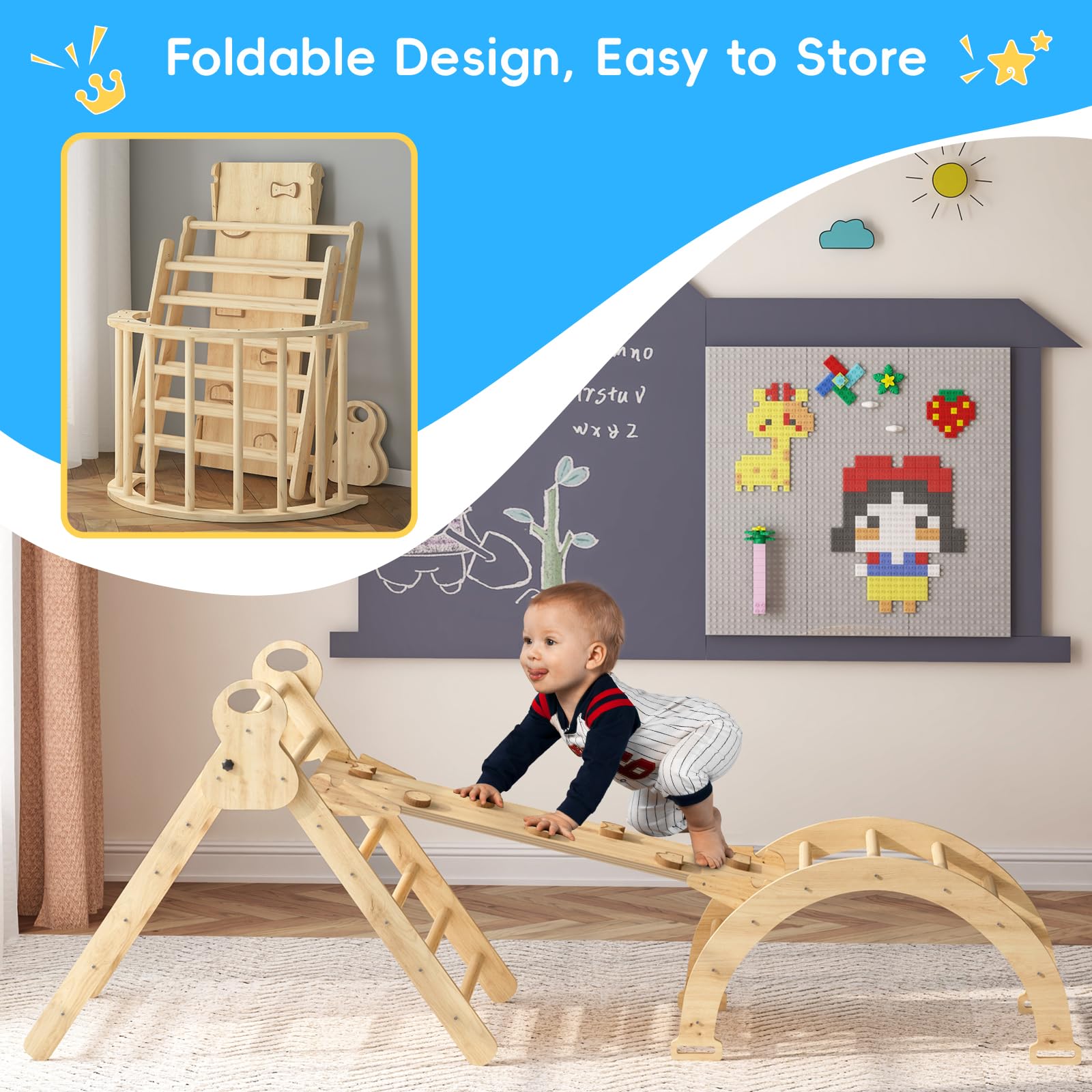 Montessori Pikler Triangle Climbing Set for Toddlers - Indoor & Outdoor Play Gym with Arch, Ramp, and Triangle - Kids Learning & Development Toy for Home, Nursery, and Backyard Playtime