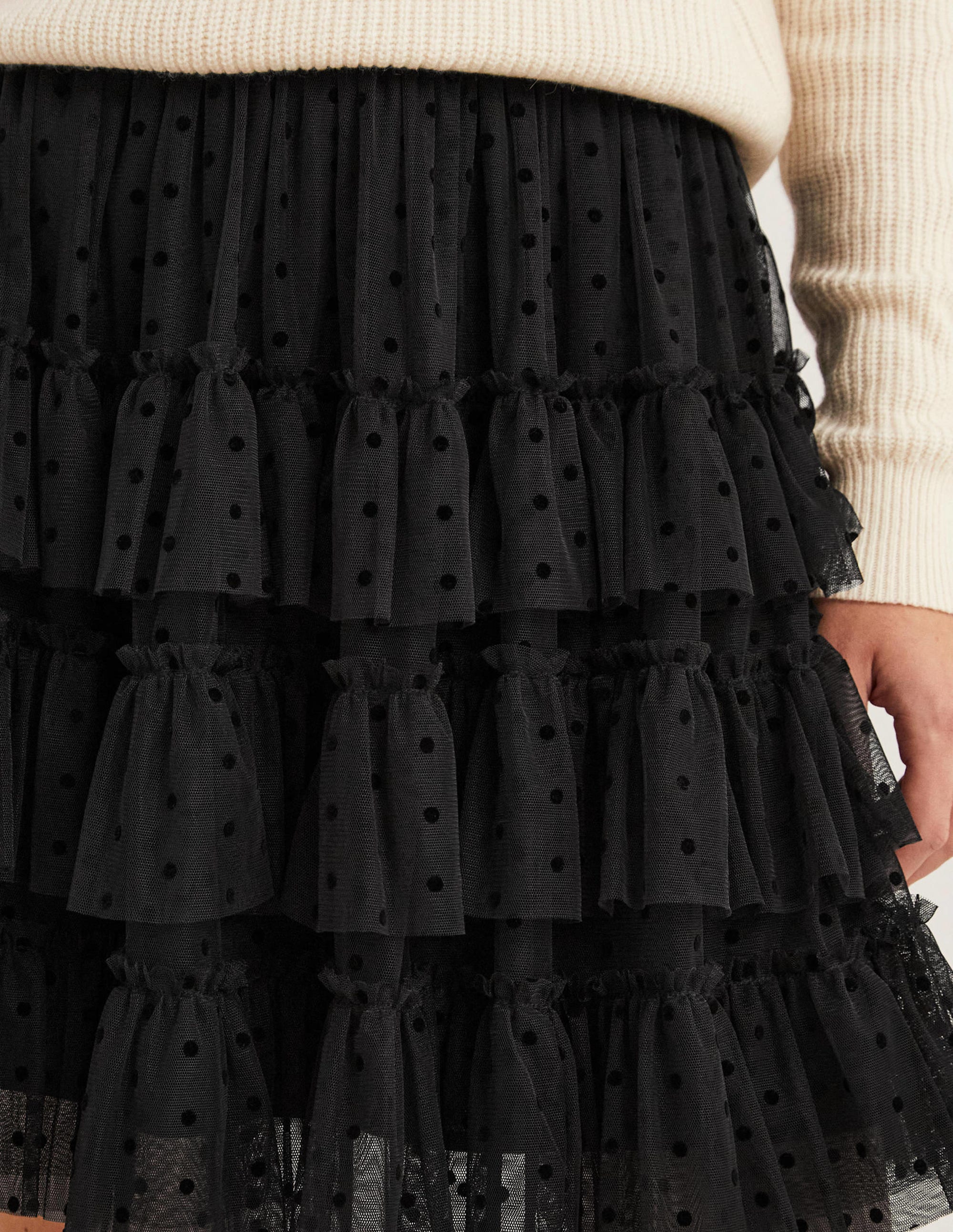 Black Polka Dot Ruffle Tulle Mini Skirt - Women's A-Line Party Skirt for Date Night, Club Wear & Casual Outfits
