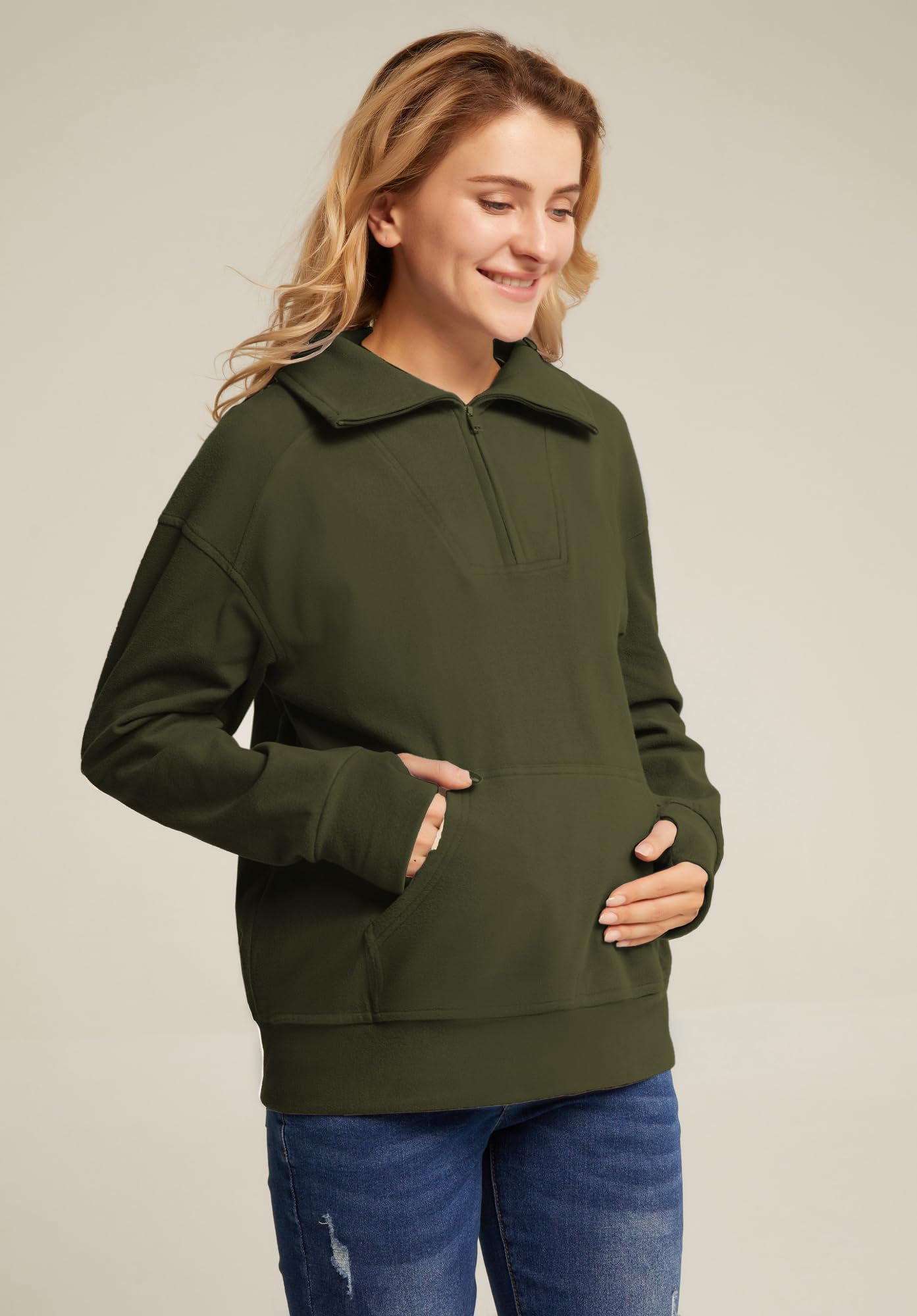 Maacie Maternity Sweatshirt - Half Zip Fleece Pullover with Lapel, Thumbholes & Kangaroo Pocket - Warm Nursing Hoodie for Pregnancy & Postpartum Comfort