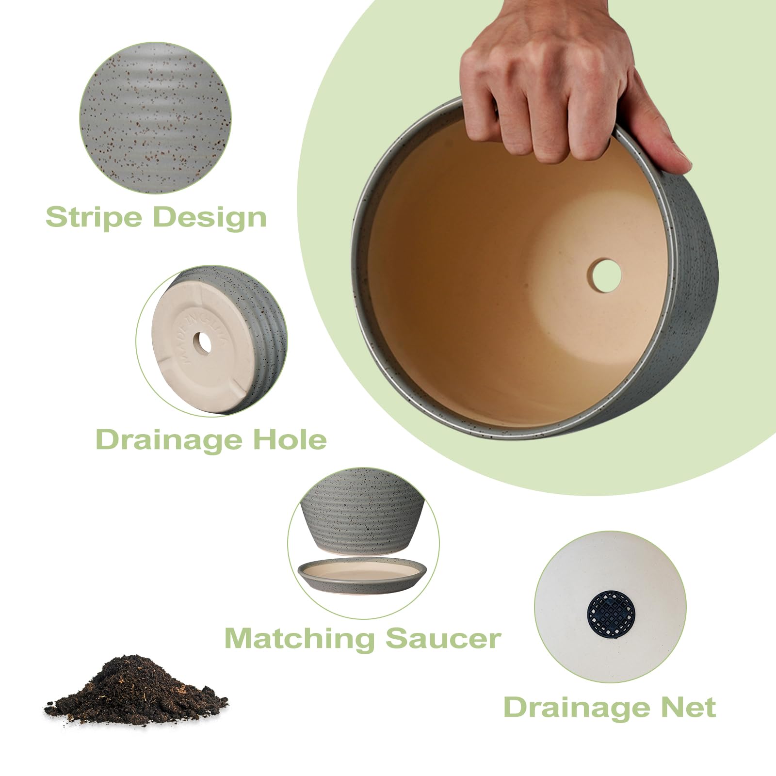 12 Inch Ceramic Plant Pot with Drainage Hole & Saucer - Large Round Indoor Flower Planter for Houseplants, Succulents, Herbs - Light Gray Home & Garden Decor for Living Room, Balcony, Office