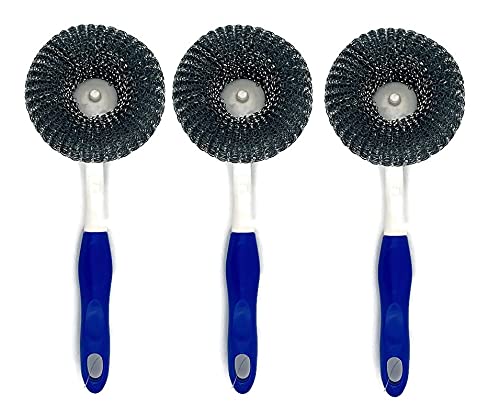 JERN® 3 Pack Long-Handled Scrub Brush - Stainless Steel Wire Grill & Pot Scrubber with Hanging Hole - Heavy Duty Cleaning Brush for Kitchen, Grill, BBQ, Oven & Cookware - Durable Scouring Pads & Utensil Cleaner