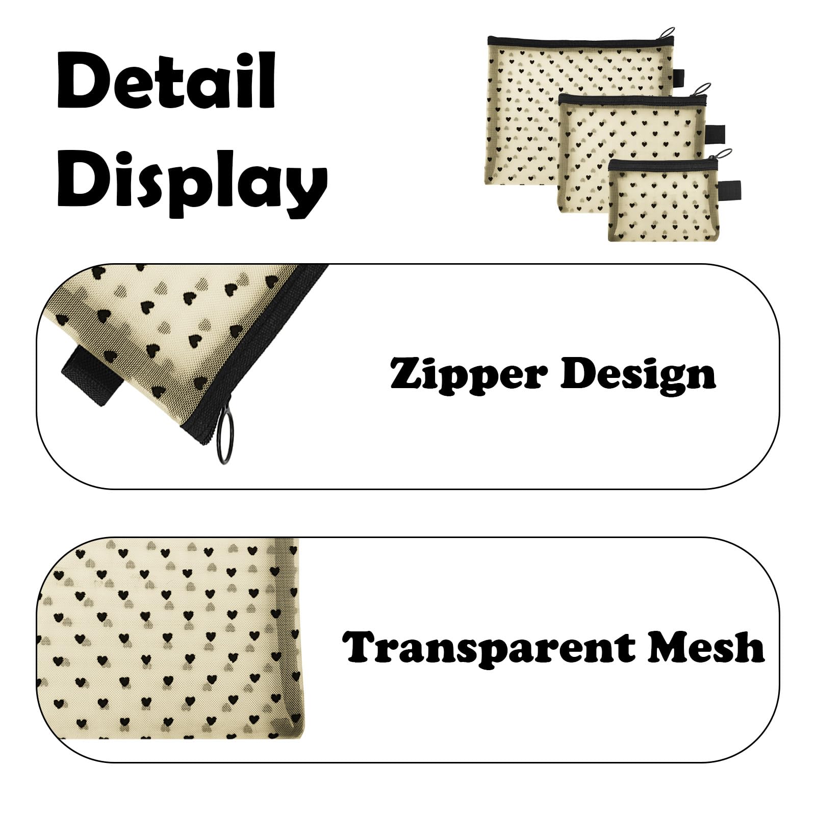 LYDZTION 3-Piece Heart Shaped Mesh Makeup Bags Set with Zipper - Portable Cosmetic Organizer Pouch for Travel, Home & Office - Perfect for Daily Toiletries & Beauty Accessories (Beige, 3 Sizes) | Great for Gym, Vacation & Gift Giving
