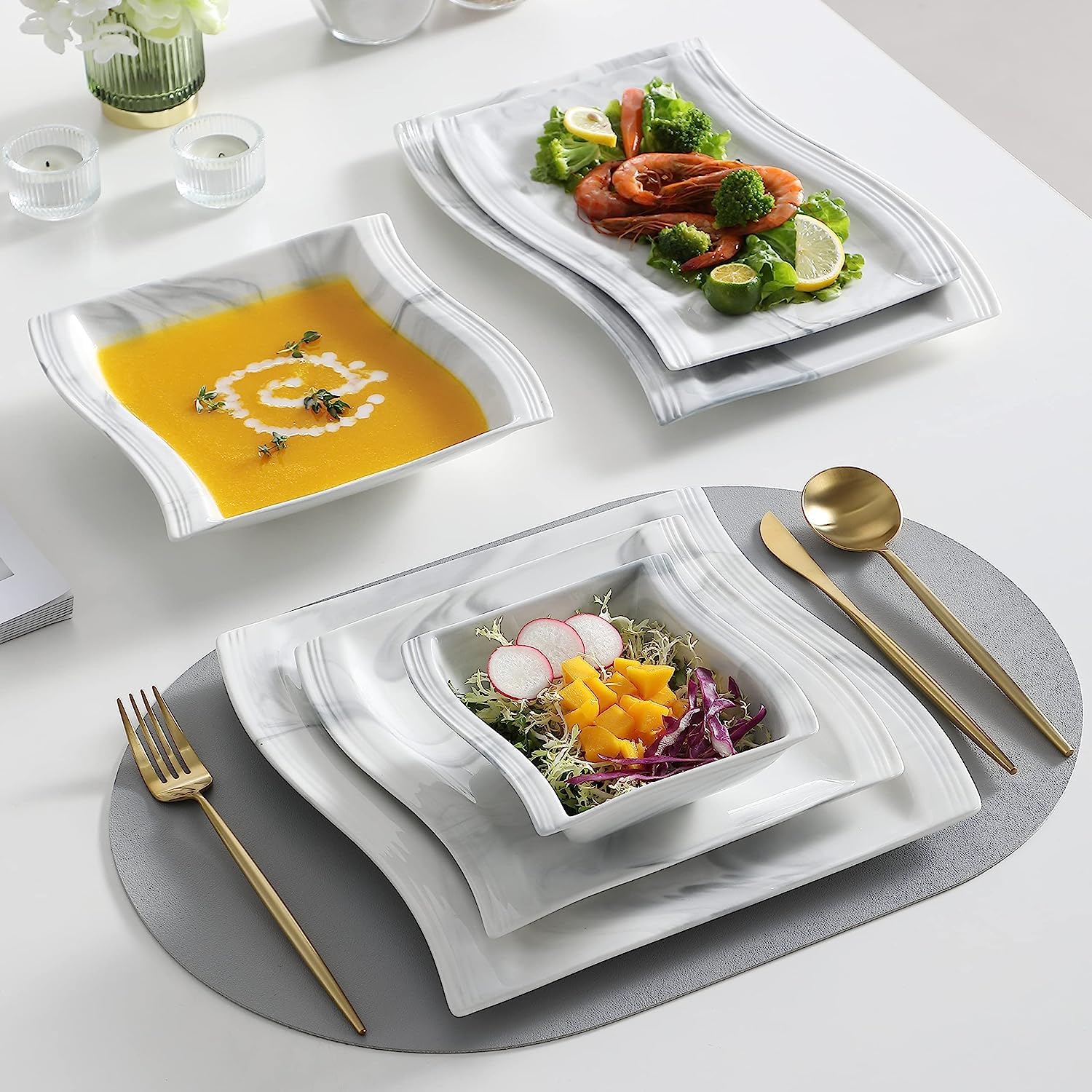 MALACASA 26-Piece Porcelain Dinnerware Set for 6 People - Square Plates, Bowls & Serving Dishes - Elegant Marble-Look Tableware (Flora Series) - Perfect for Family Dinners, Dinner Parties & Holiday Entertaining