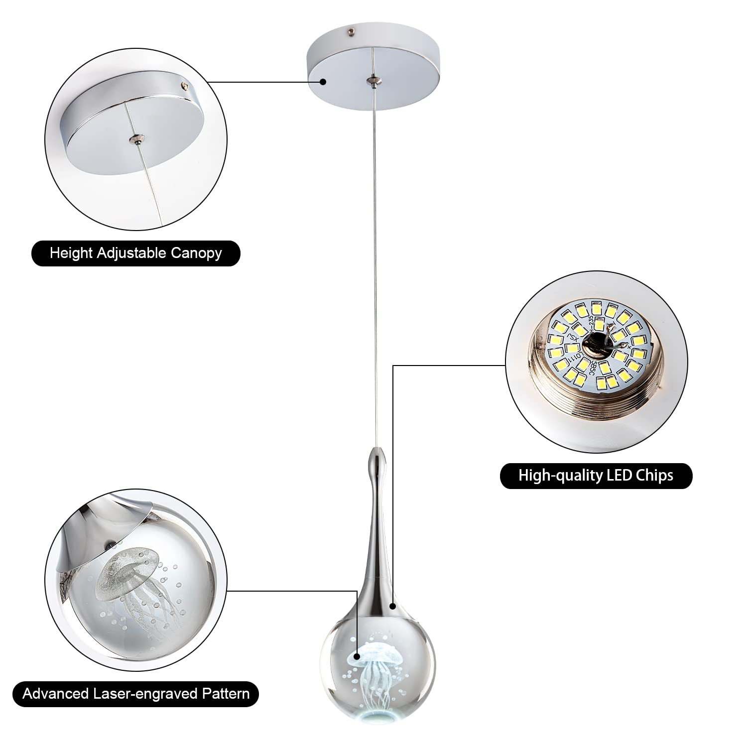CHYING Mini LED Teardrop Crystal Pendant Light - 6000K Cool White Chrome Ceiling Hanging Light for Kitchen Island, Bathroom, Dining Room & Bar | Modern Globe Jellyfish Lighting for Home & Office Decor
