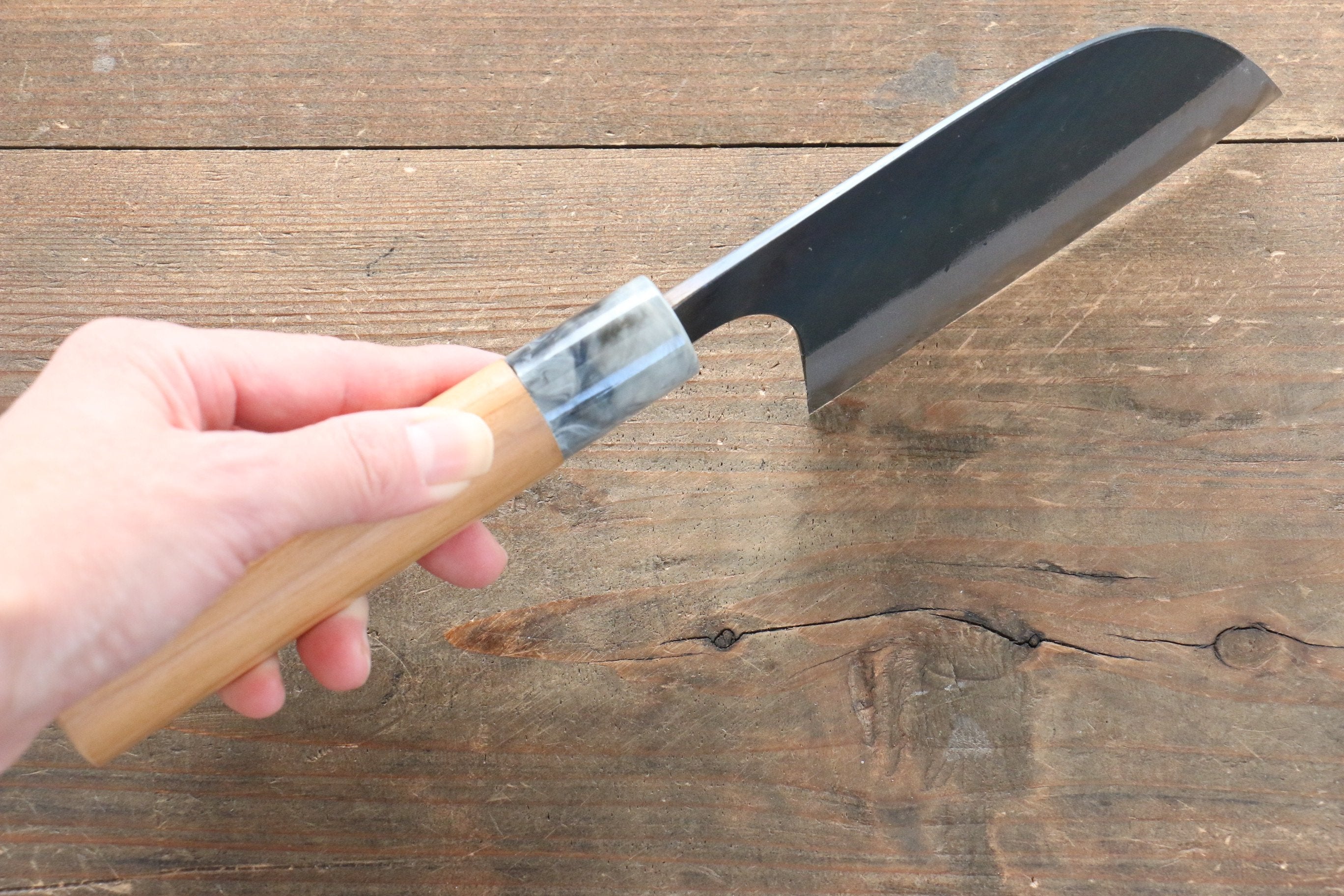 Masakage Mizu Blue Steel No.2 Kamagata Utility Knife 115mm - Japanese Black Finished Blade with American Cherry Wood Handle - Perfect for Sushi, Meat Slicing & Precision Kitchen Tasks
