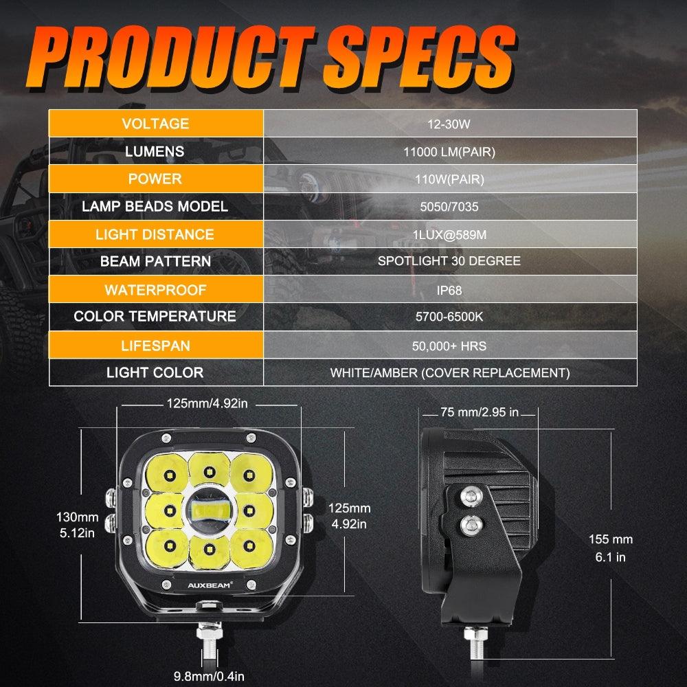 5 Inch 110W White/Amber LED Driving Light Pods with A-Pillar Mounting Bracket for 2021-2022 Ford Bronco 2/4 Door - Off-Road, Fog & Night Driving Lights for Enhanced Visibility