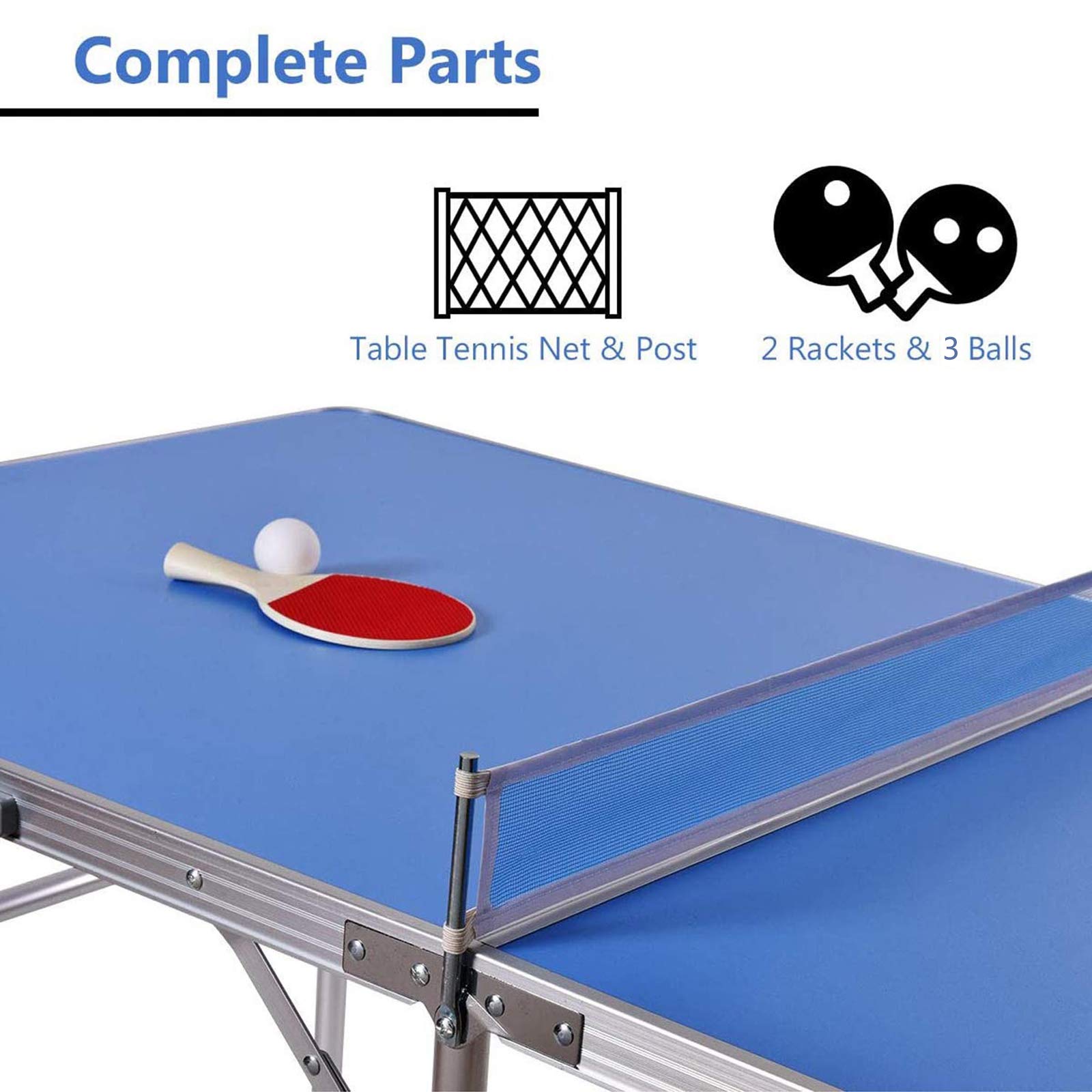 Portable Foldable Ping Pong Table Set with Net, 2 Paddles & 3 Balls - Blue Indoor/Outdoor Tennis Table for Backyard, Garage, Office & Family Game Night | Easy Assembly Compact Design