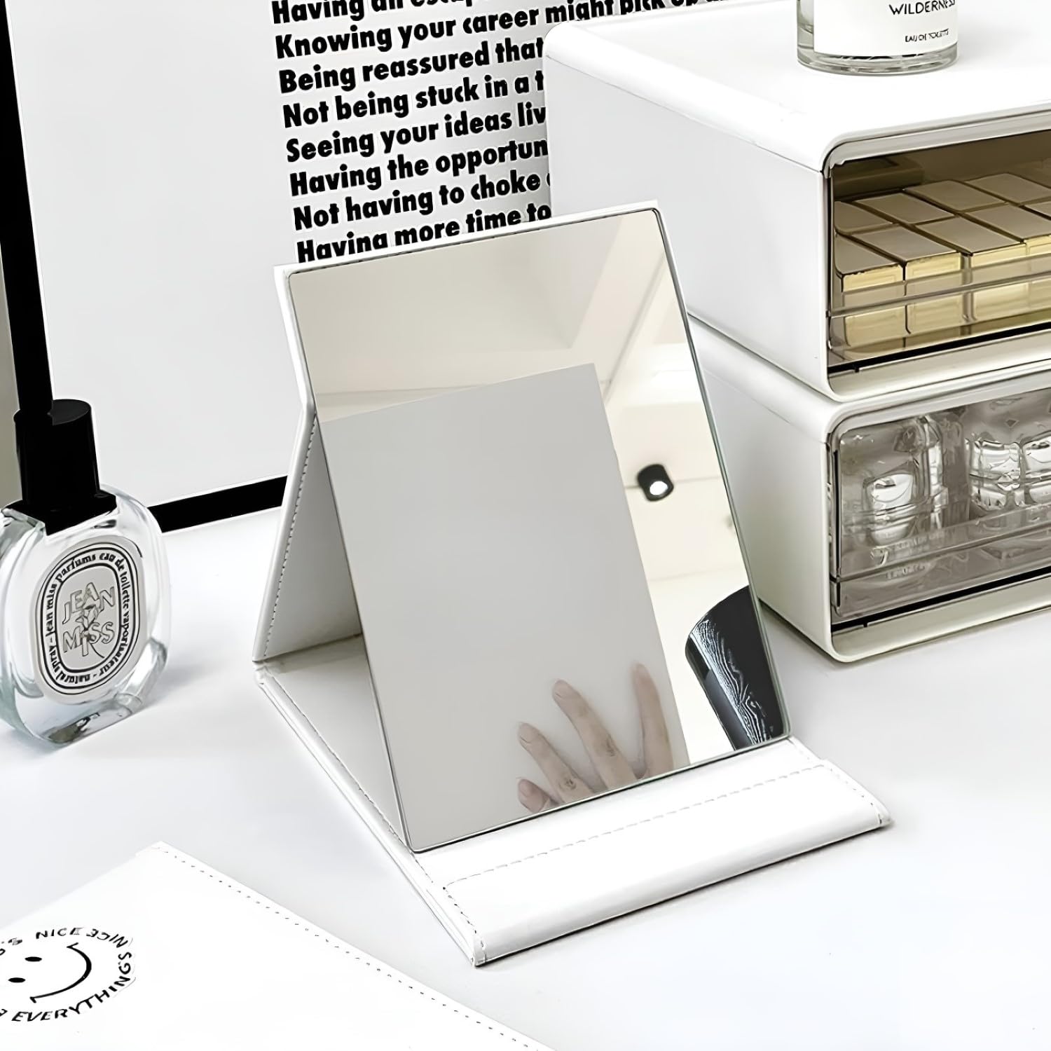 ONICORN® Portable Folding Makeup Mirror with Adjustable Stand - 360° Rotation Vanity Mirror for Bathroom, Shower & Shaving - White Rectangular Tabletop Mirror for Home & Travel Use