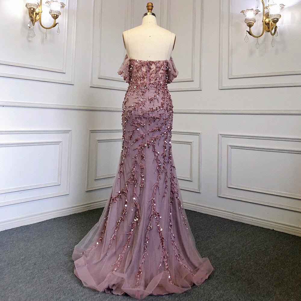 Elegant Pink Mermaid Evening Dress with Beaded Off-Shoulder Design for Women - Luxury Party Gown for Prom, Wedding & Special Occasions
