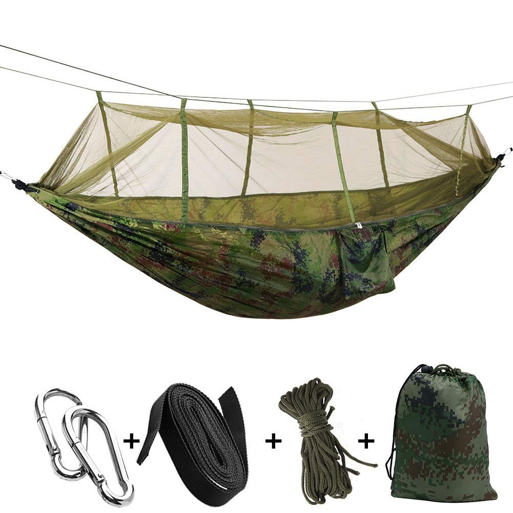 SHENGPINGJI Lightweight Portable Camping Hammock with Mosquito Net - Outdoor Hiking Backpack Travel Hammock for Backyard, Beach & Forest (Camouflage Green, 1-Person) - Perfect for Relaxing, Adventure Trips & Backyard Lounging