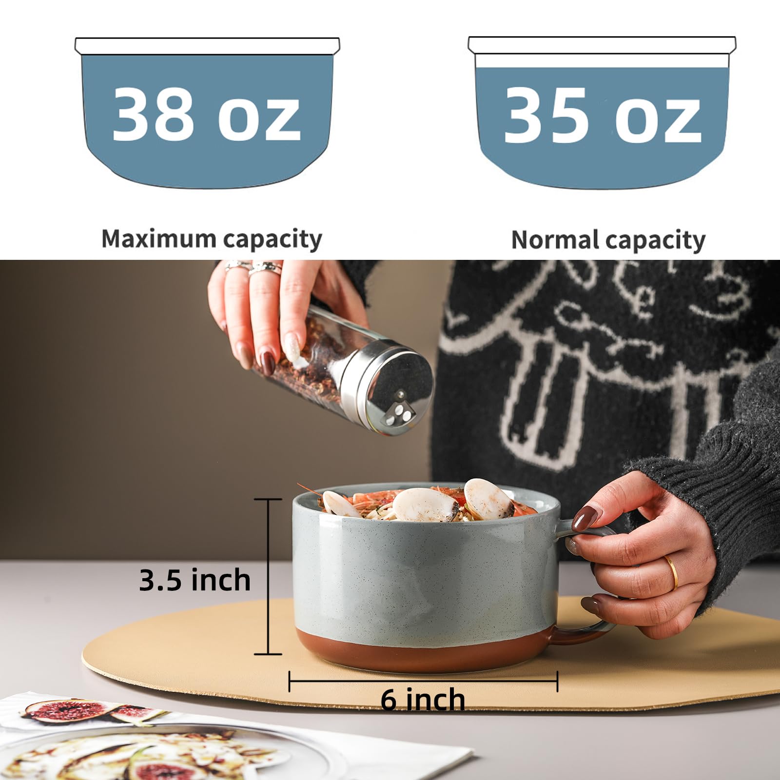 Extra Large 6-Inch Ceramic Soup Bowl with Handle - Microwave Safe Oversized Soup Mug for Breakfast & Lunch - Blueish Gray - Perfect for Ramen, Cereal & Family-Sized Portions