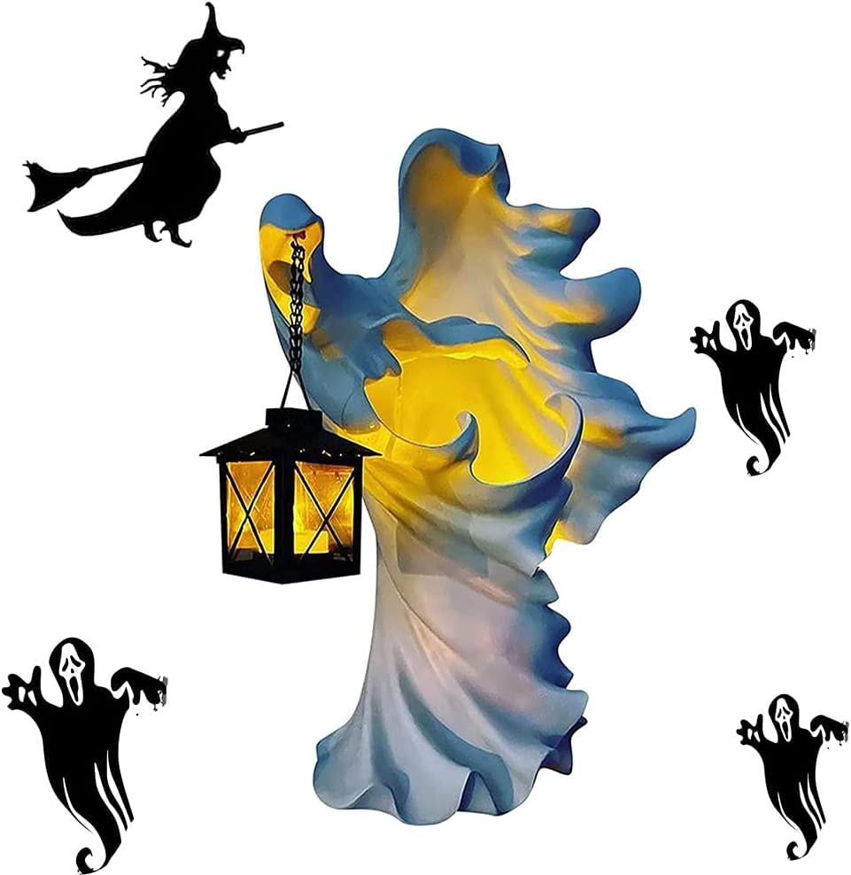 Spooky Halloween Resin Ghost Statue with Lantern - Witch Sculpture for Home, Porch & Yard Decor | Scary White Ghost Figurine for Indoor & Outdoor Halloween Displays | Perfect for Haunted Houses, Themed Parties & Seasonal Staging | Great Gift for Halloween Lovers | Use for Front Porch Decor, Photo Backdrops & Spooky Atmosphere Creation
