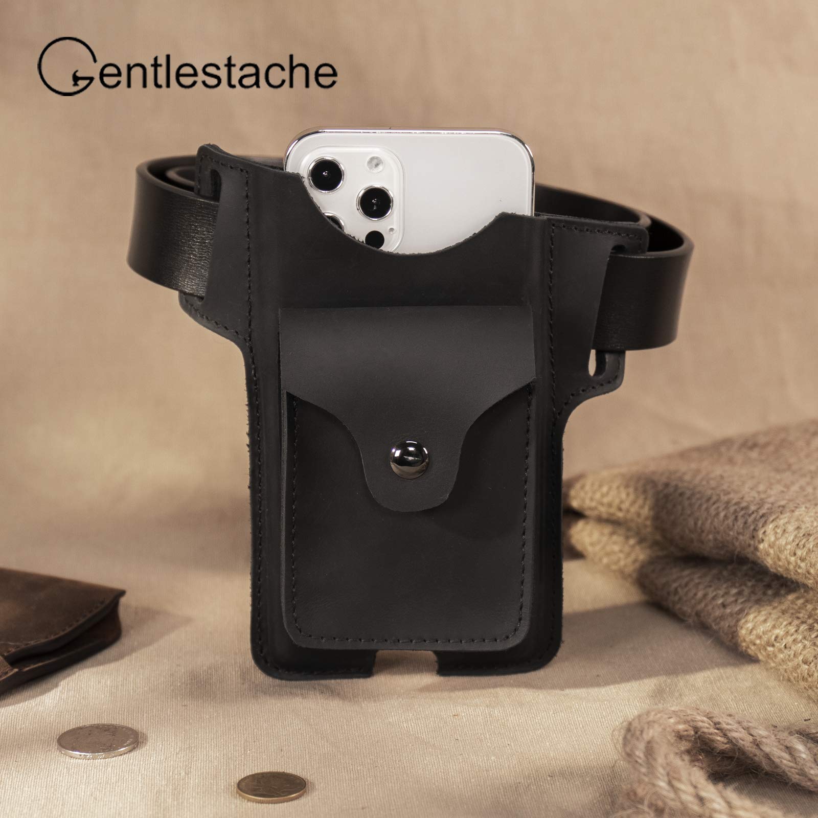 Gentlestache Leather Cell Phone Holster for Belt - Premium Leather Phone Case with Small Pocket - Perfect for Work, Travel & Outdoor Activities