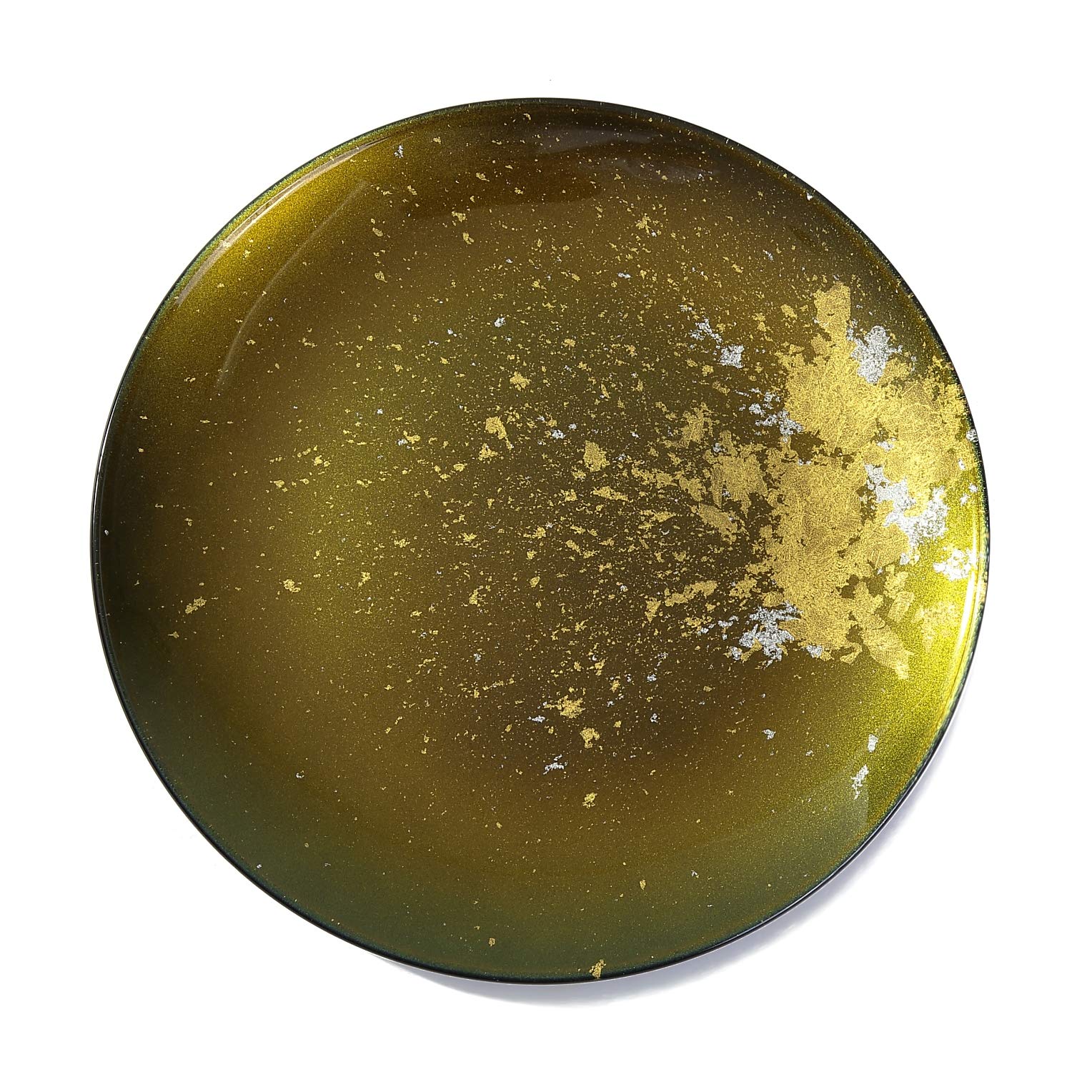 Japanese Urushi Glass Flat Dinner Plate 11-inch - Majestic Green with Gold Leaf - Dishwasher Safe - Elegant Tableware for Fine Dining, Parties & Home Decor