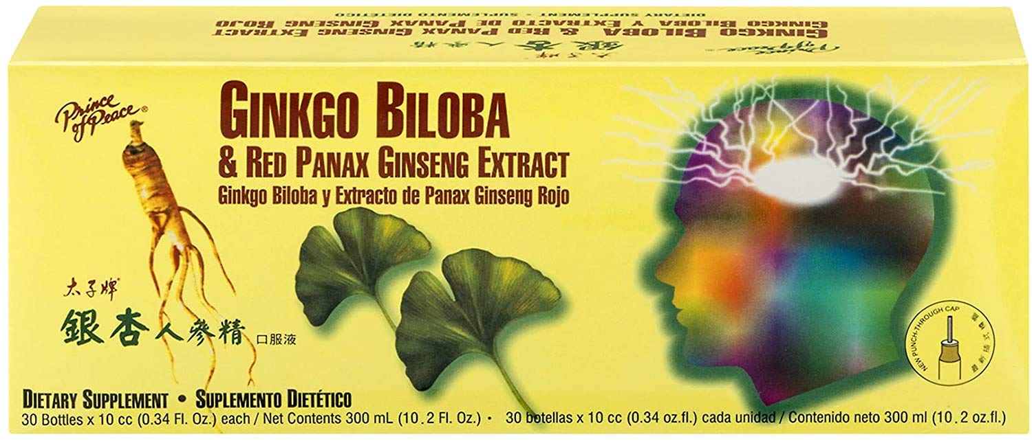 Prince of Peace Ginkgo Biloba & Red Panax Ginseng Extract - 0.34 fl oz Bottles (6 Pack, 180 Total) - Herbal Supplement for Memory, Focus & Energy Boost - Supports Cognitive Function & Overall Wellness - Perfect for Students, Professionals & Active Lifestyles